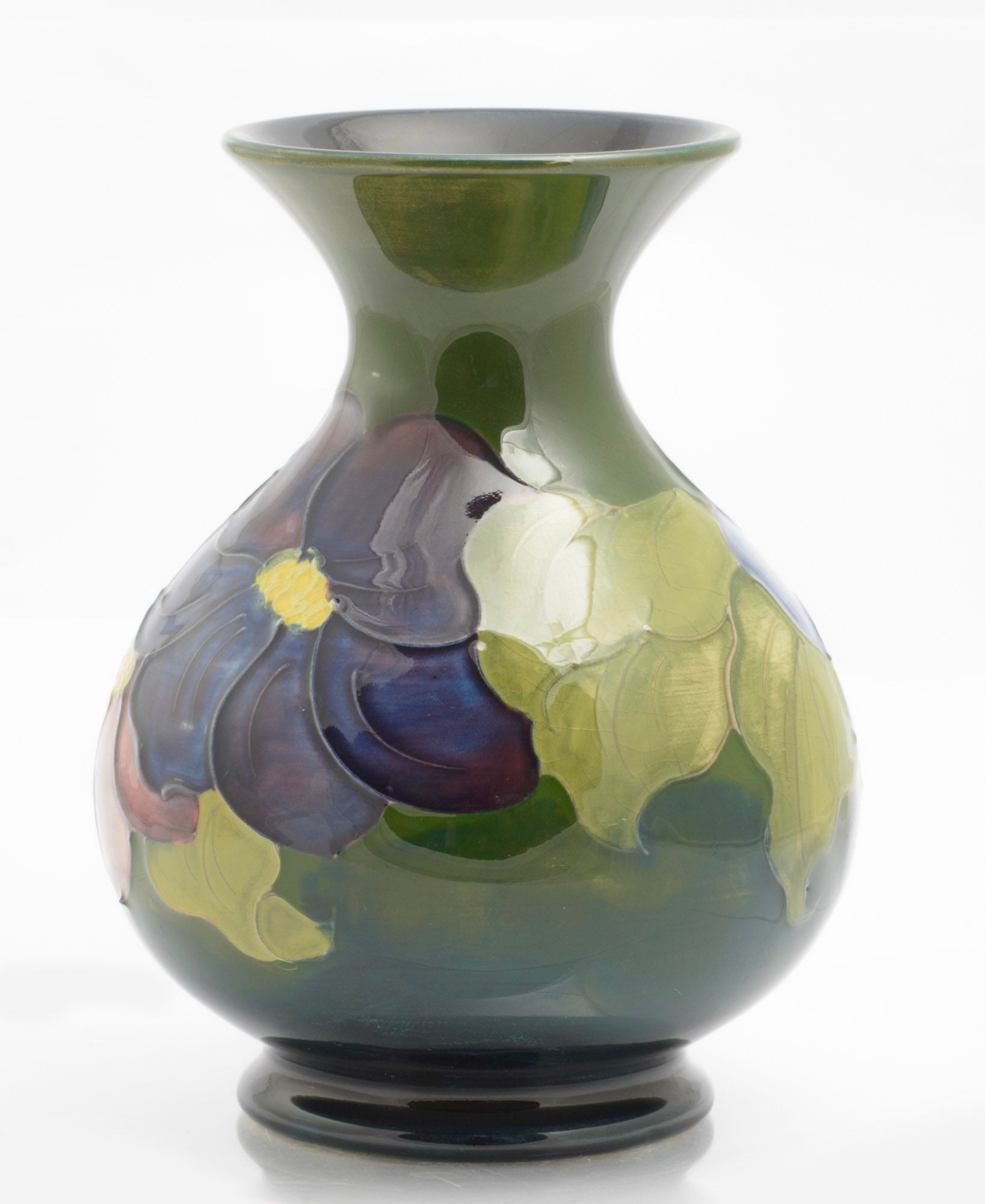 Vintage Moorcroft Tubelined Clematis Pattern Art Pottery Vase Green / Blue (3343)