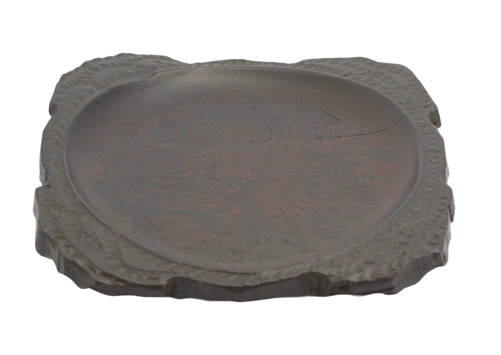 Vintage/Antique Chinese Carved Zitan Wood Dish With Signed Panel (3344)