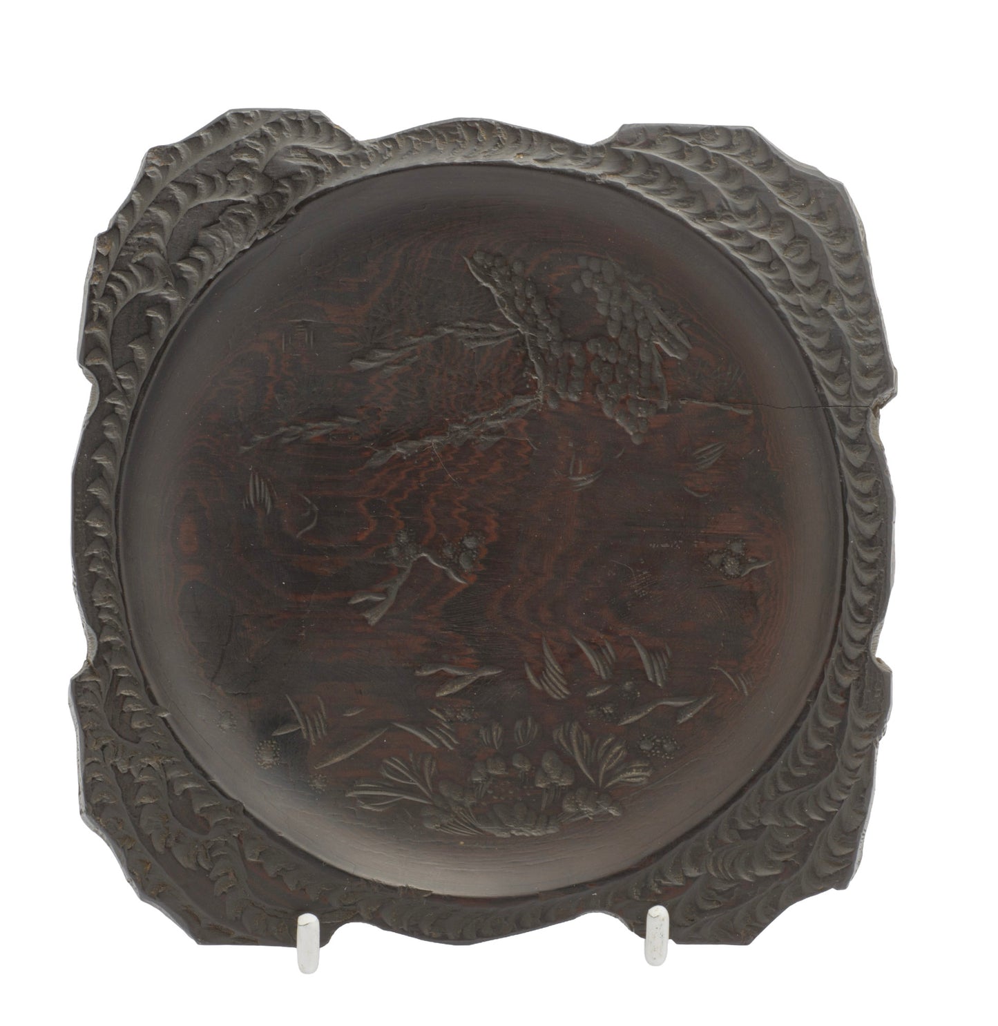 Vintage/Antique Chinese Carved Zitan Wood Dish With Signed Panel (3344)