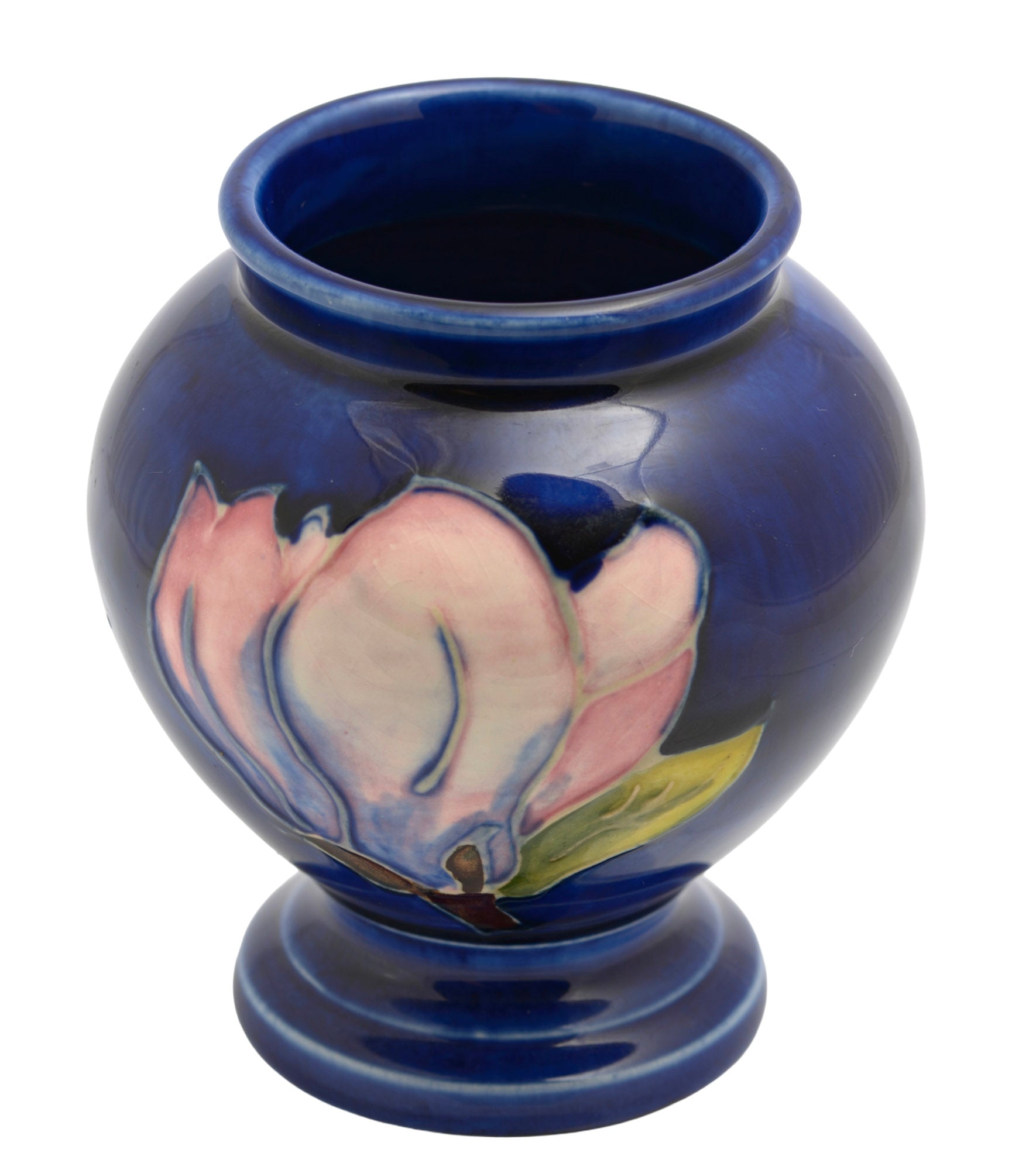 Vintage Moorcroft Tubelined Pottery Vase Magnolia Pattern Blue Ground (3349)