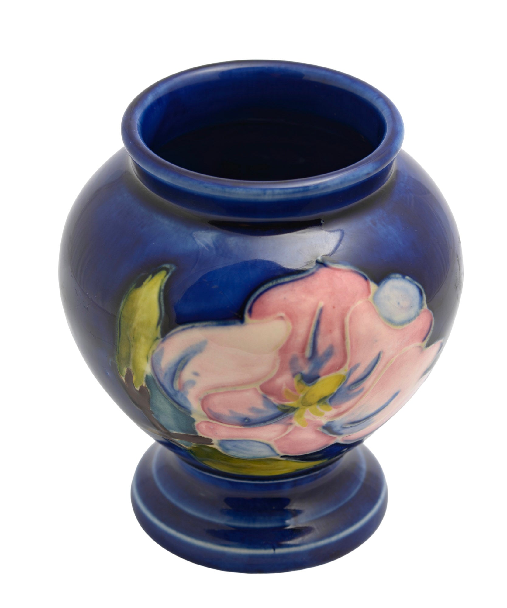 Vintage Moorcroft Tubelined Pottery Vase Magnolia Pattern Blue Ground (3349)