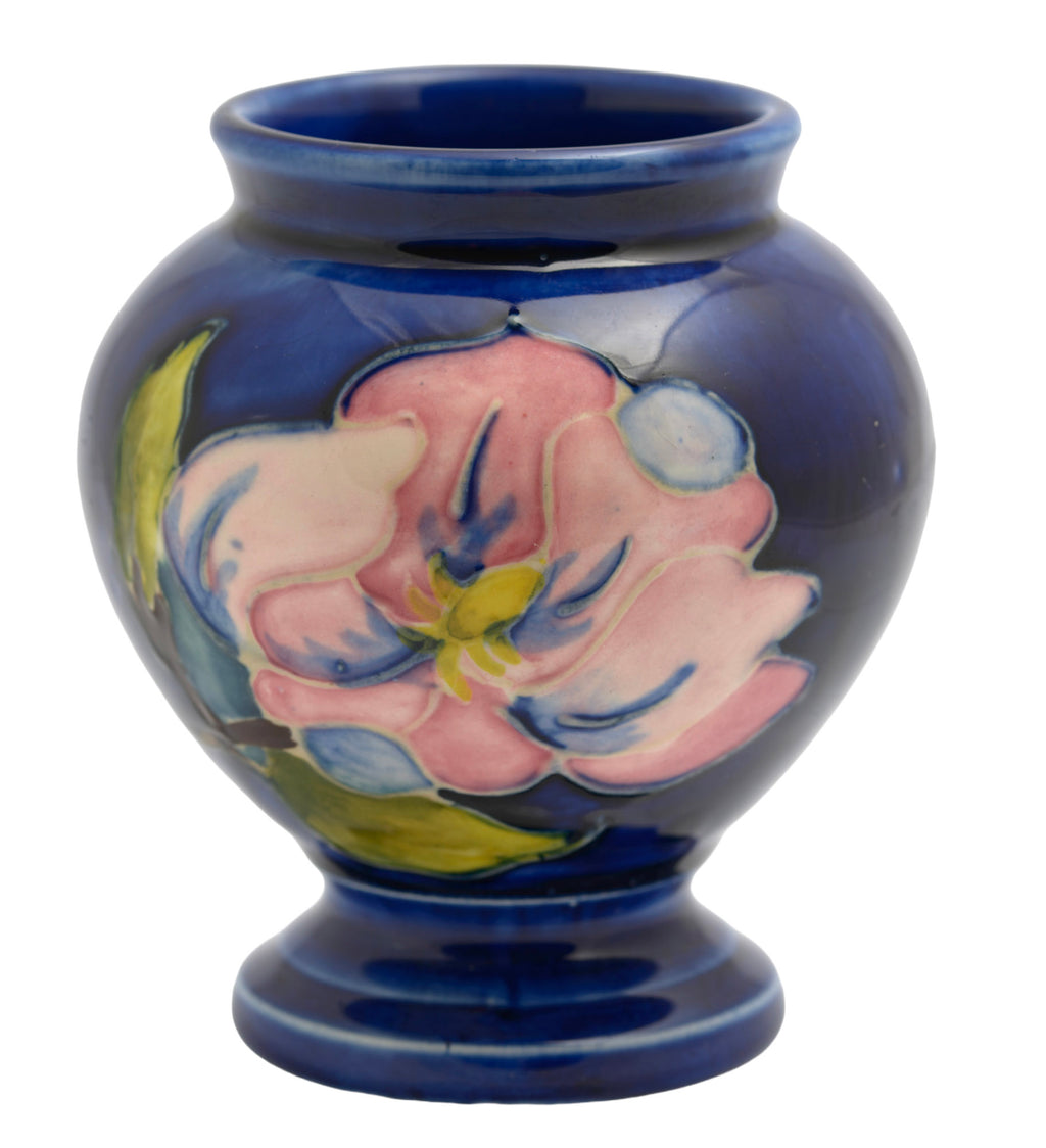 Vintage Moorcroft Tubelined Pottery Vase Magnolia Pattern Blue Ground (3349)