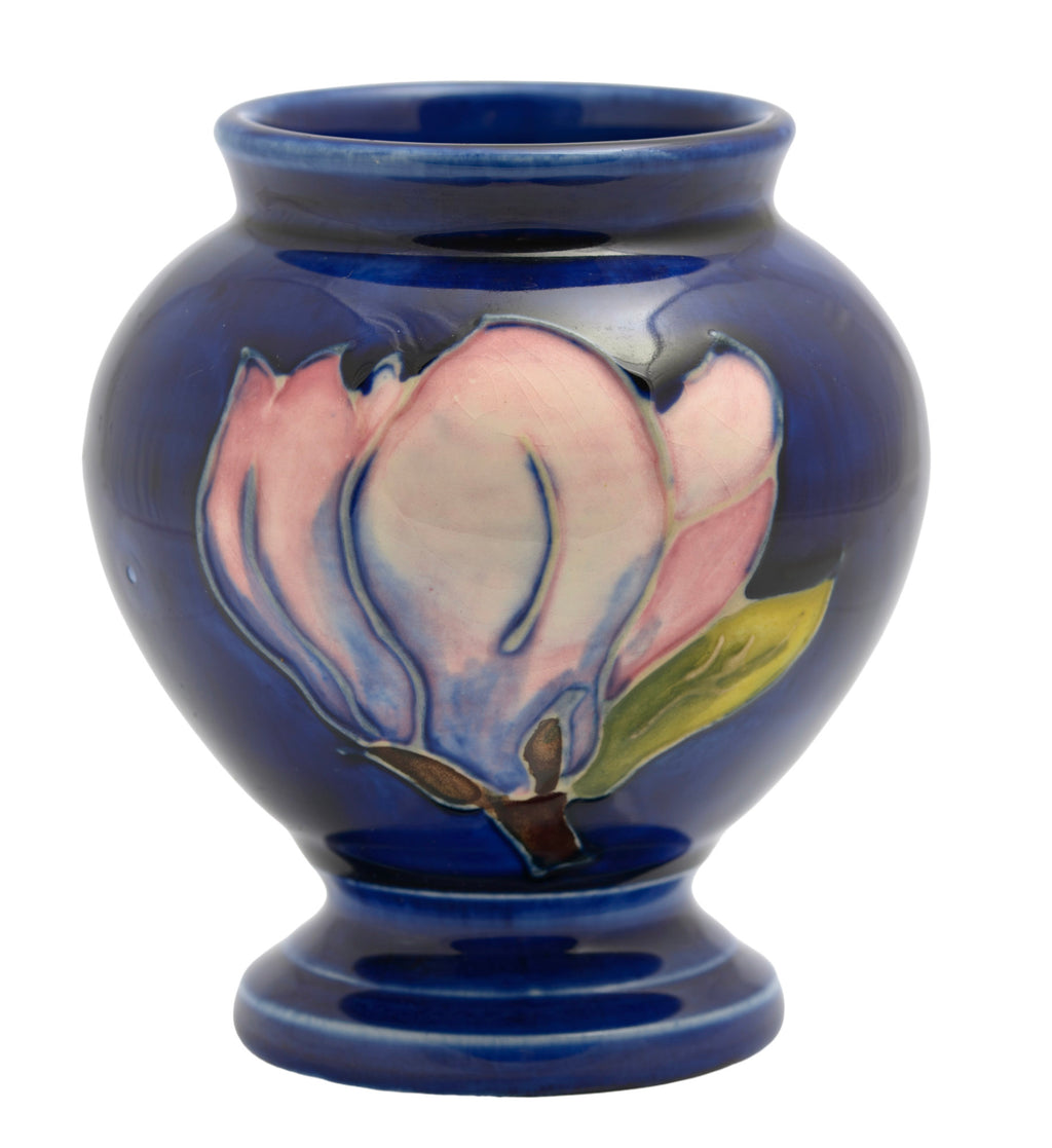 Vintage Moorcroft Tubelined Pottery Vase Magnolia Pattern Blue Ground (3349)