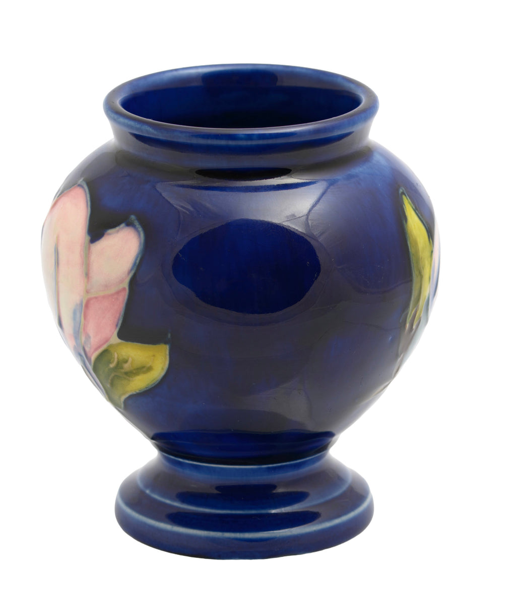 Vintage Moorcroft Tubelined Pottery Vase Magnolia Pattern Blue Ground (3349)