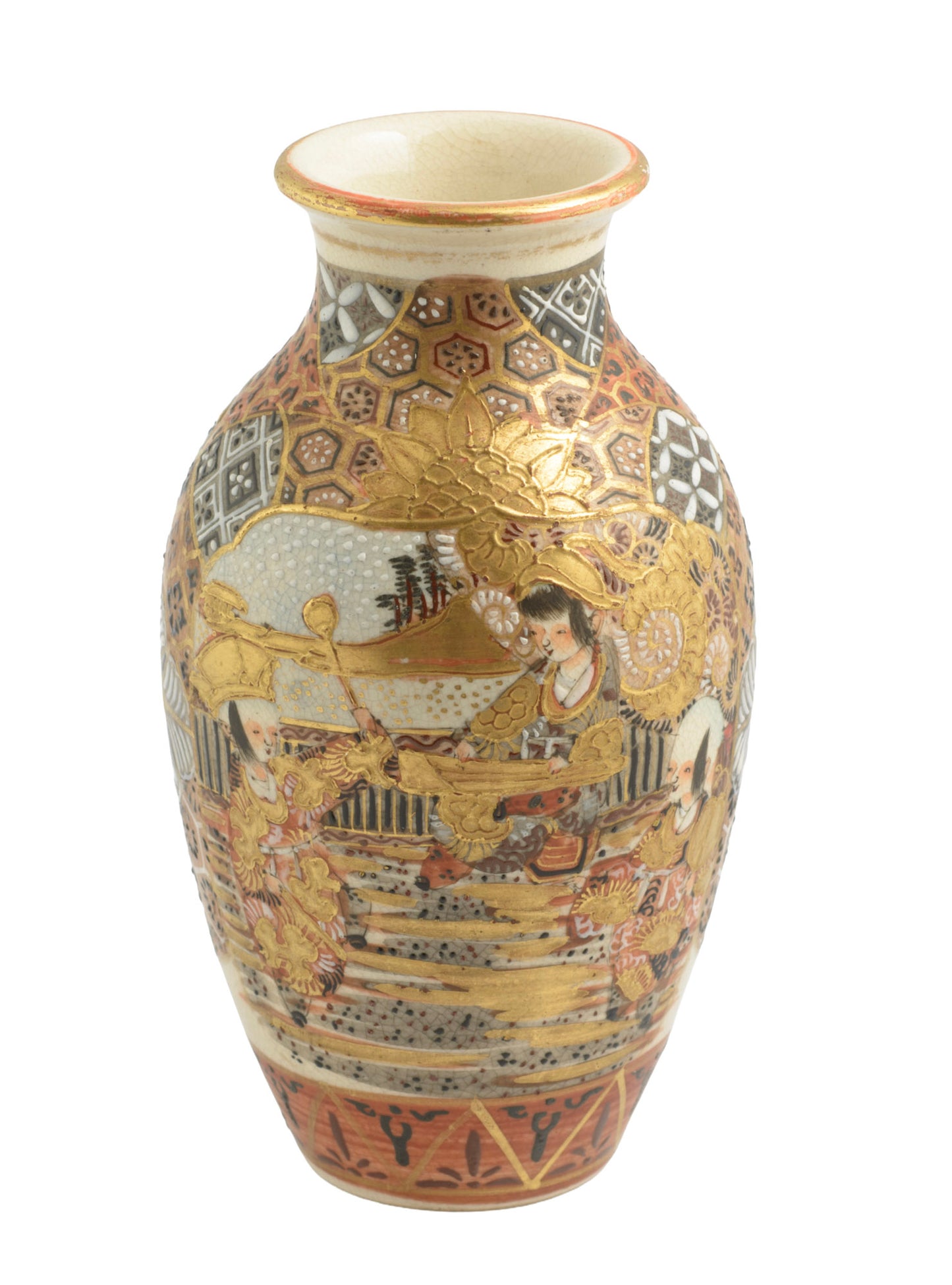Antique Japanese Satsuma Ware Vase Kyoto Gilt & Enamel Figures & Patterns (3356)