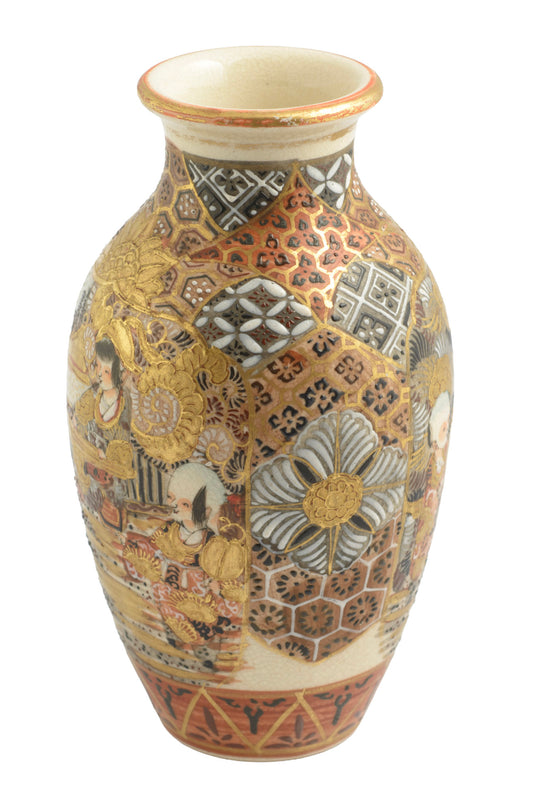 Antique Japanese Satsuma Ware Vase Kyoto Gilt & Enamel Figures & Patterns (3356)