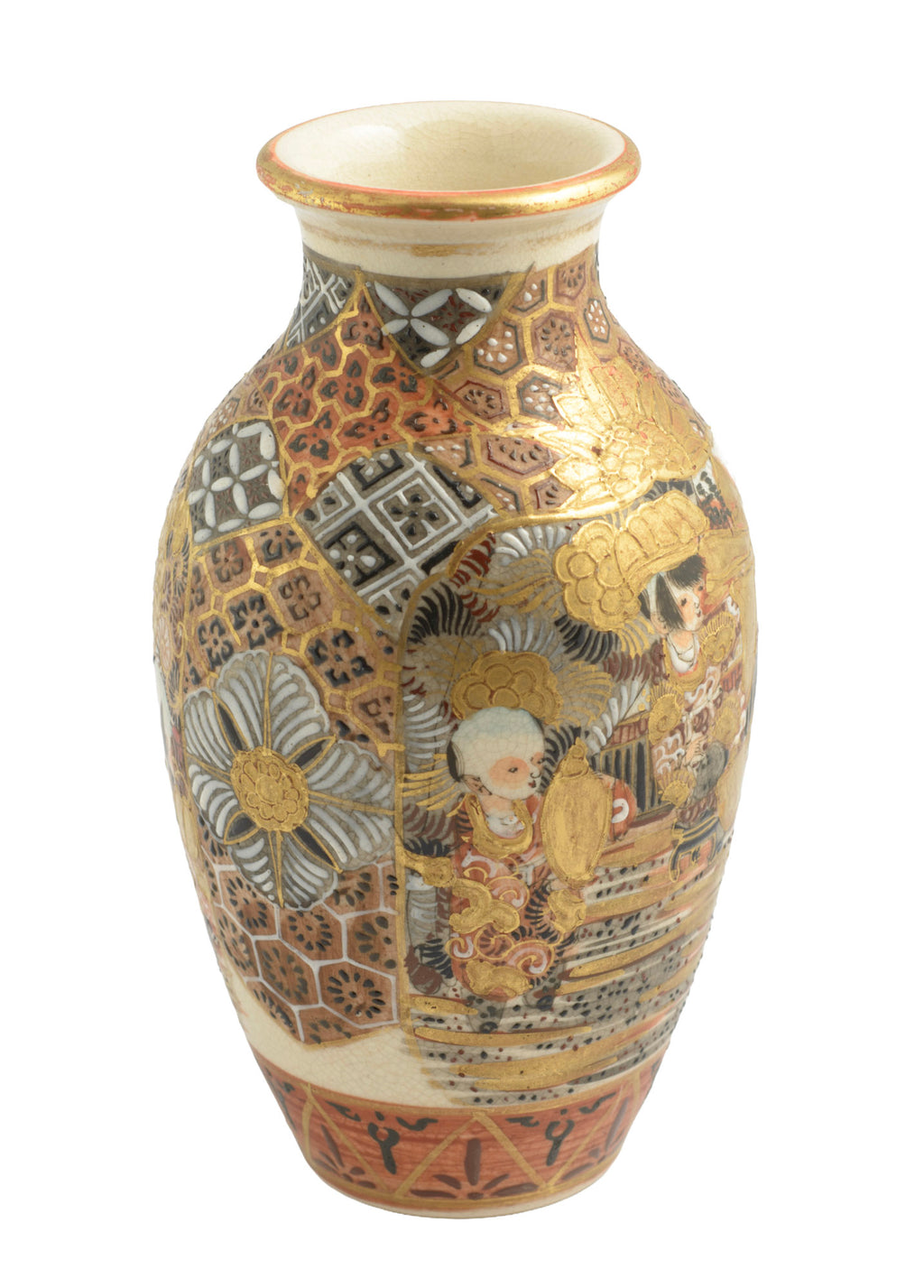 Antique Japanese Satsuma Ware Vase Kyoto Gilt & Enamel Figures & Patterns (3356)