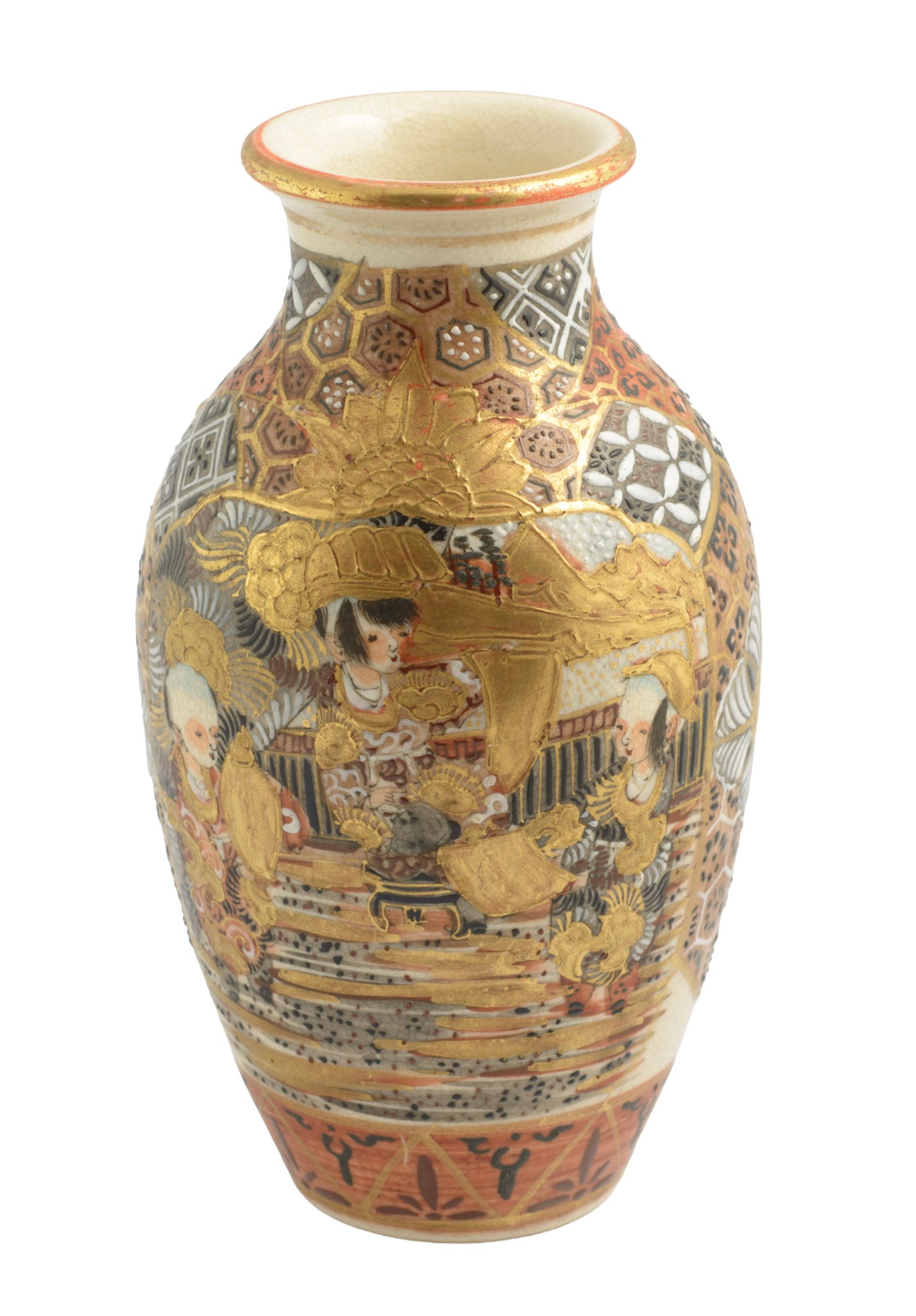 Antique Japanese Satsuma Ware Vase Kyoto Gilt & Enamel Figures & Patterns (3356)
