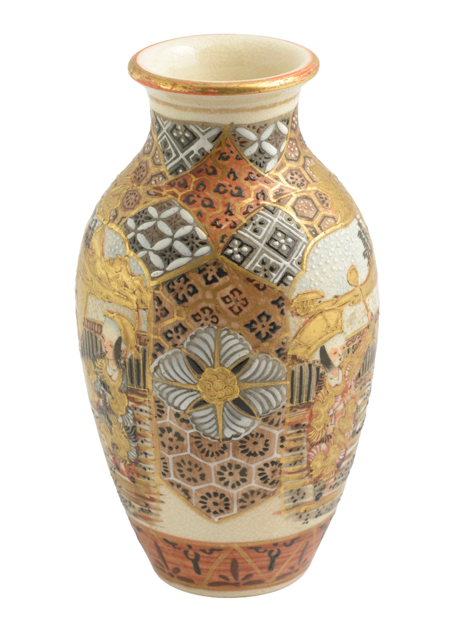 Antique Japanese Satsuma Ware Vase Kyoto Gilt & Enamel Figures & Patterns (3356)
