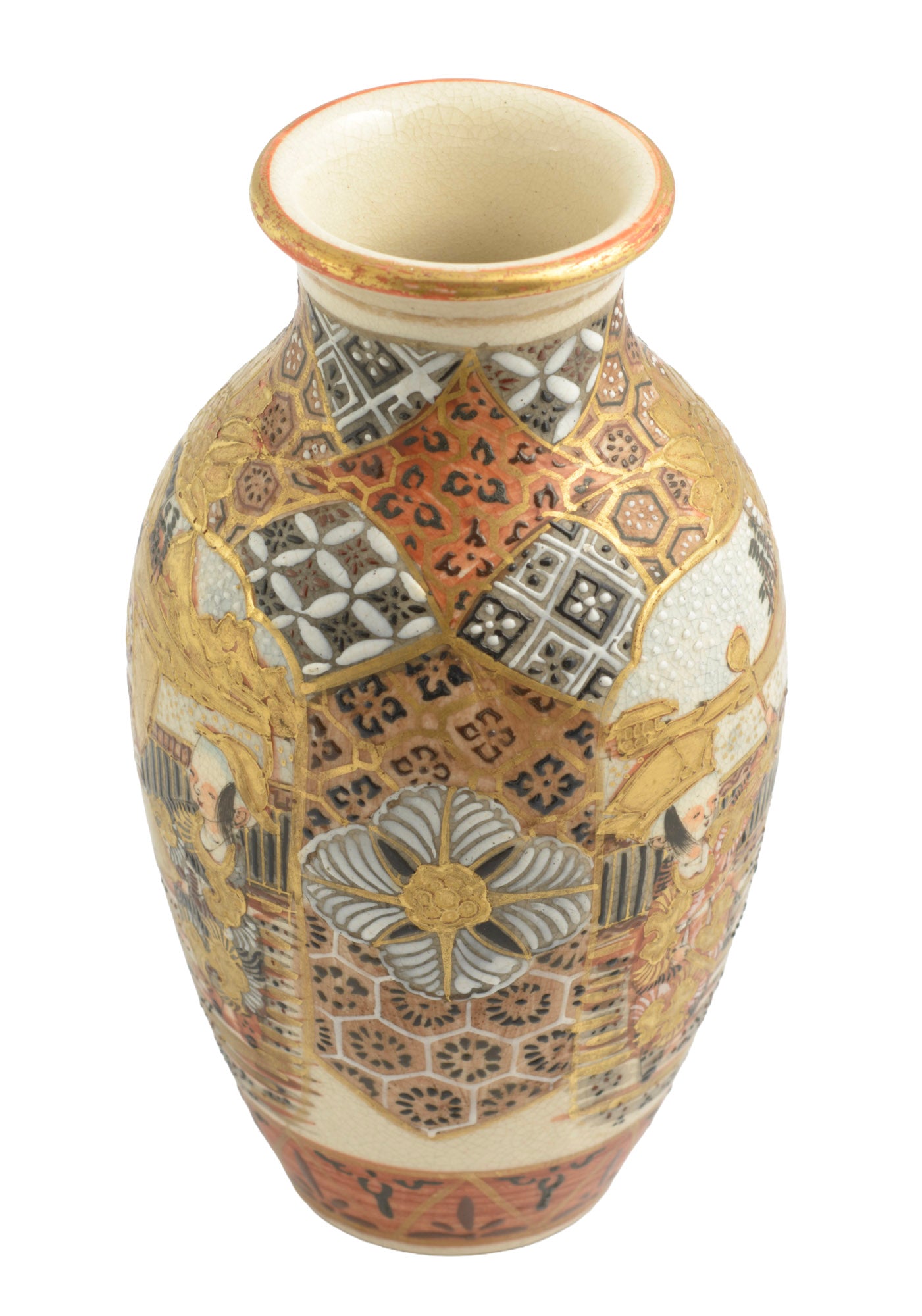 Antique Japanese Satsuma Ware Vase Kyoto Gilt & Enamel Figures & Patterns (3356)