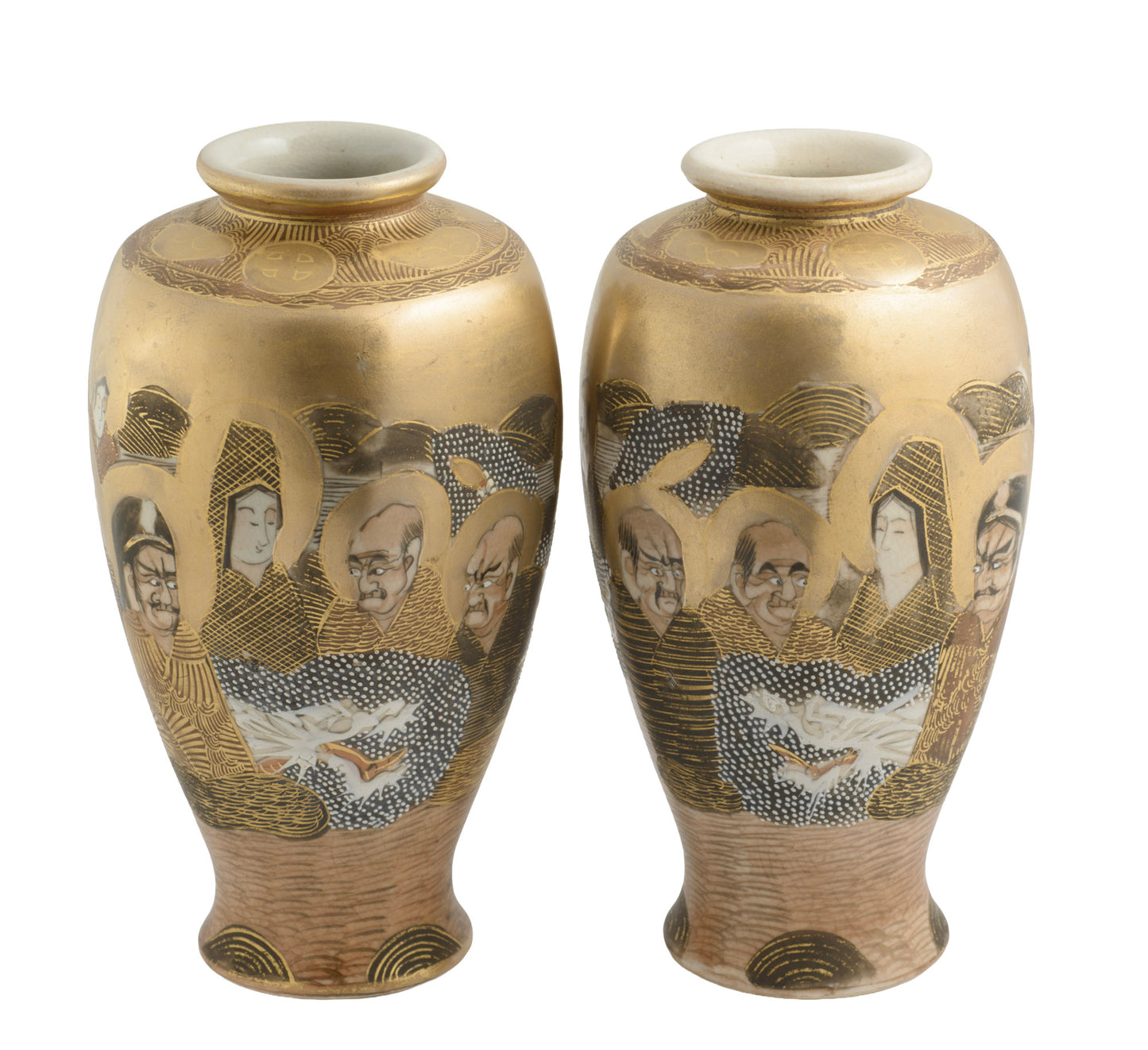 Pair Antique Japanese Satsuma Ware Rakan Figure Vases Signed Uchida (3357)