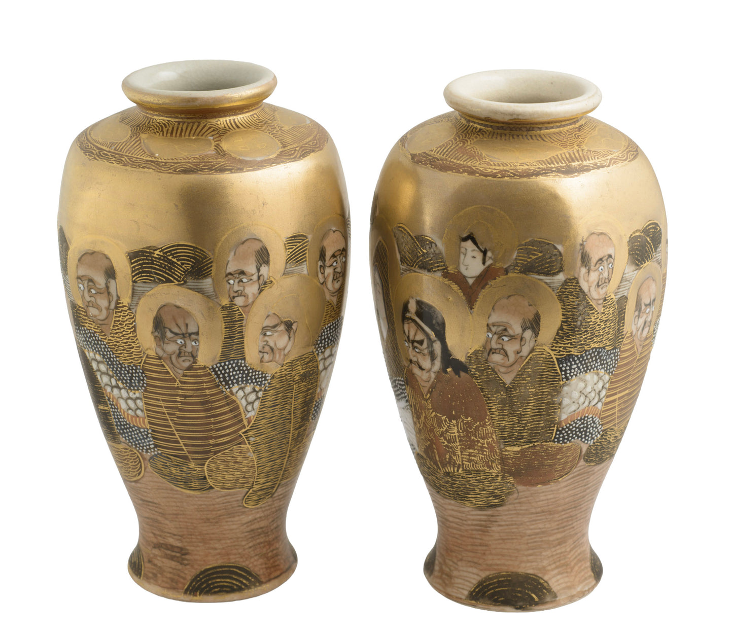 Pair Antique Japanese Satsuma Ware Rakan Figure Vases Signed Uchida (3357)