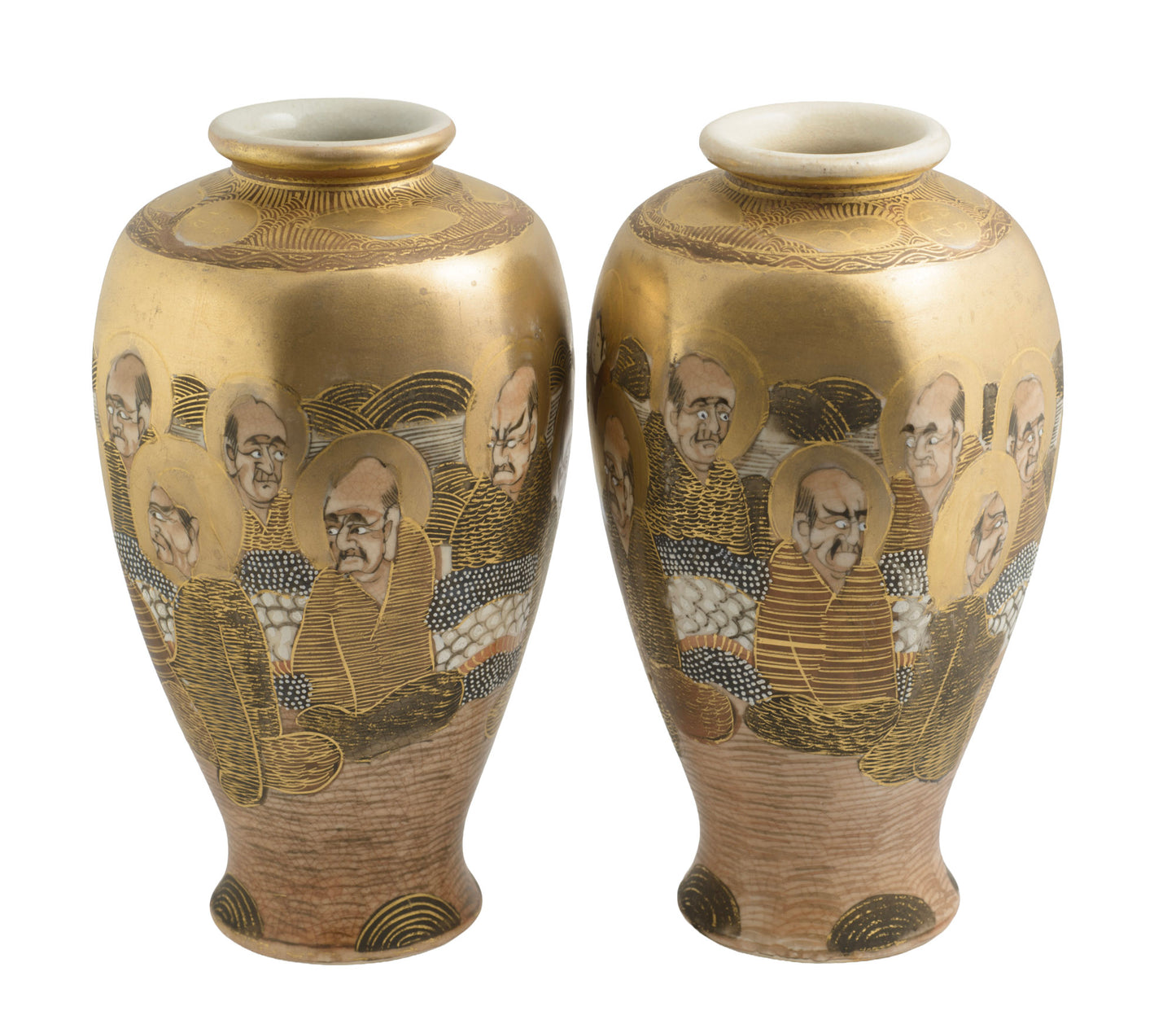 Pair Antique Japanese Satsuma Ware Rakan Figure Vases Signed Uchida (3357)