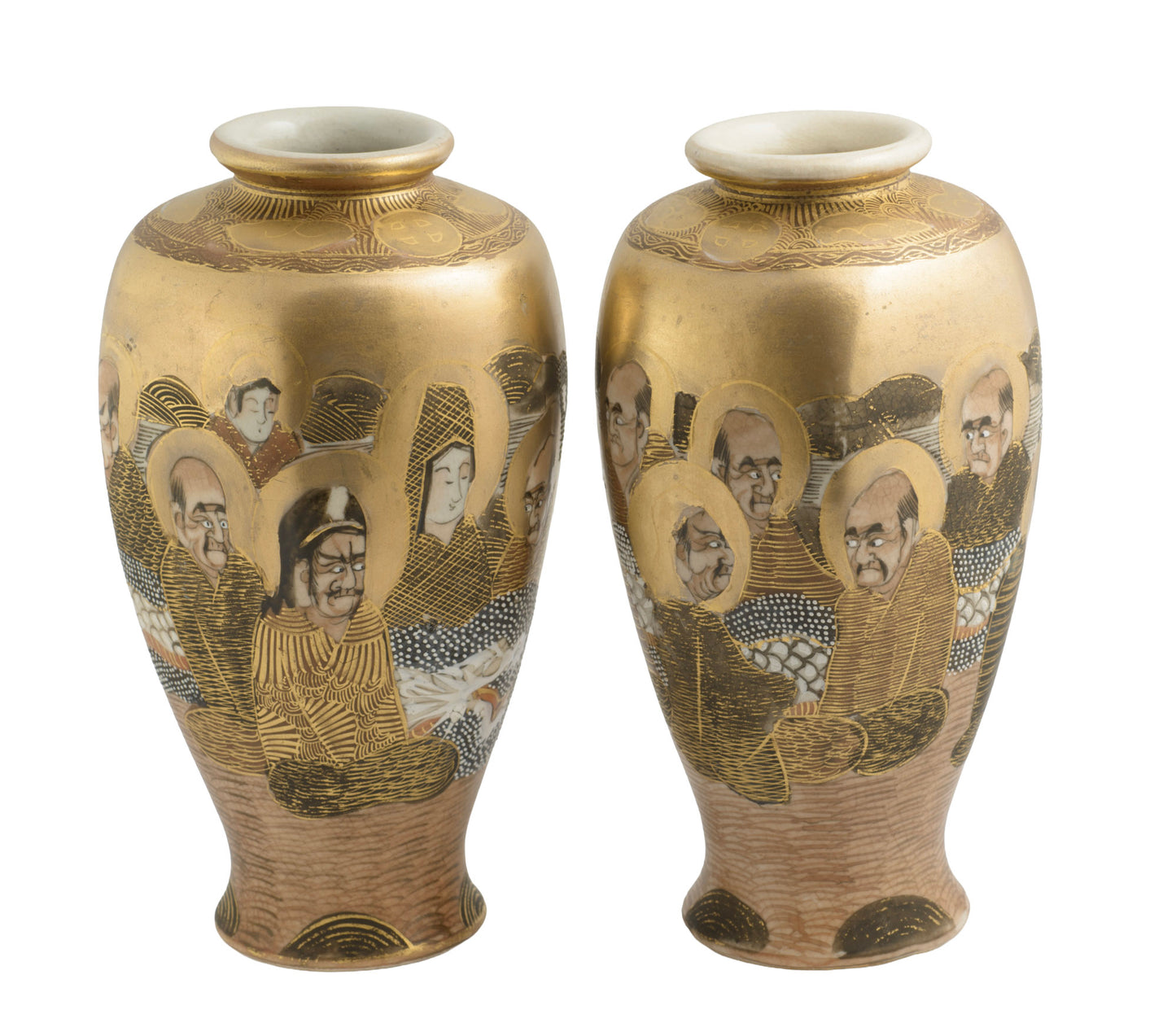 Pair Antique Japanese Satsuma Ware Rakan Figure Vases Signed Uchida (3357)