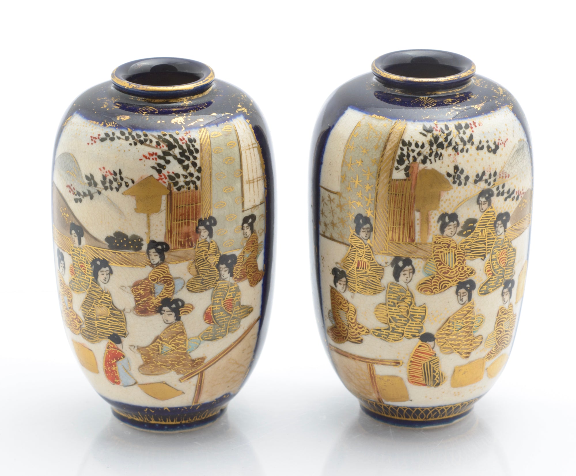 Pair Antique Japanese Satsuma Ware Pottery Mini Vases By Hododa (3359)