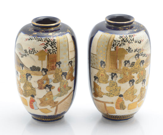 Pair Antique Japanese Satsuma Ware Pottery Mini Vases By Hododa (3359)