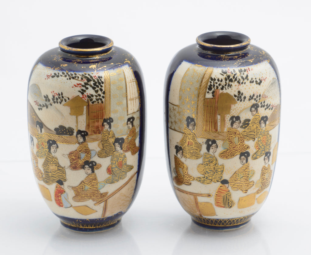 Pair Antique Japanese Satsuma Ware Pottery Mini Vases By Hododa (3359)