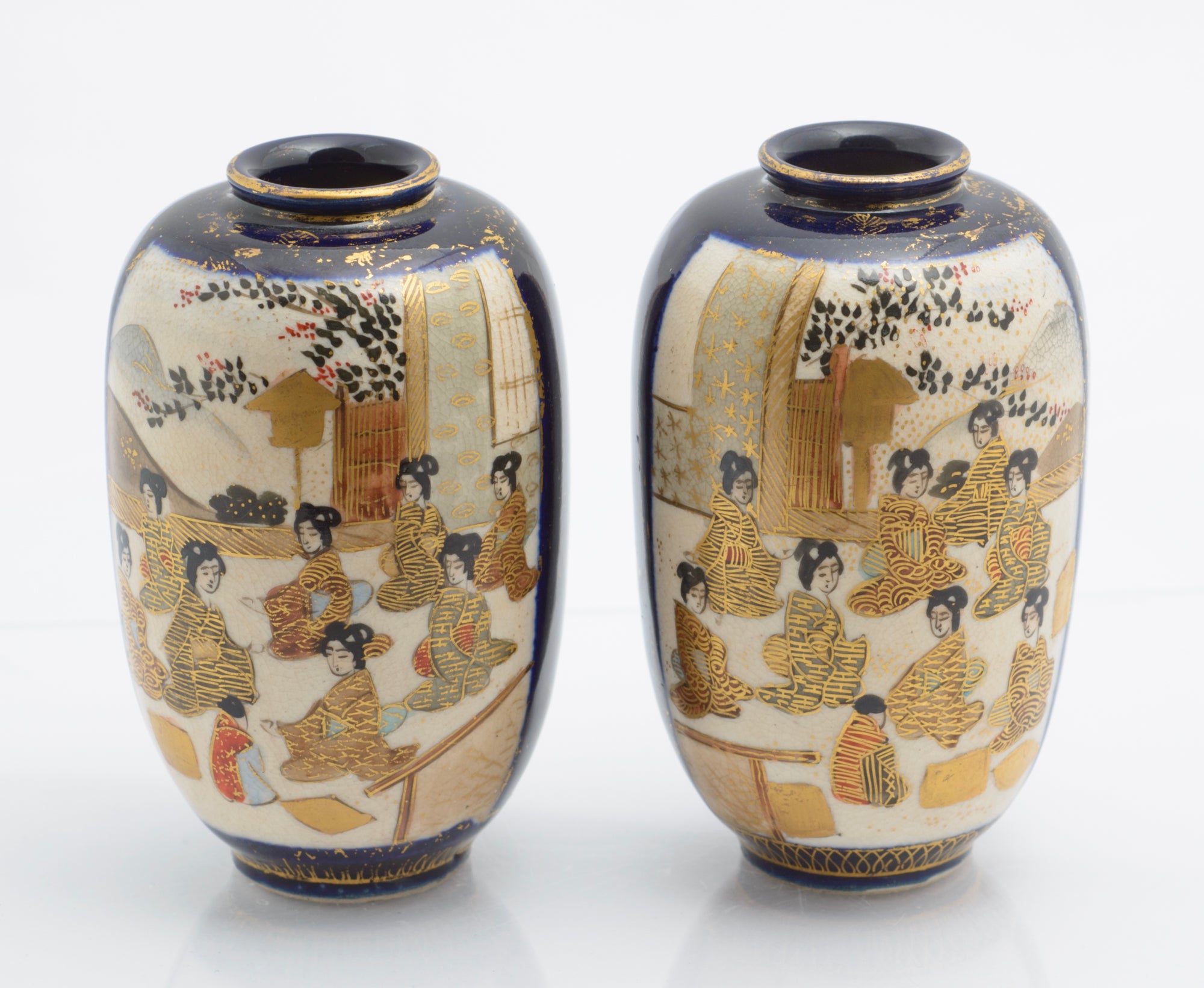 Pair Antique Japanese Satsuma Ware Pottery Mini Vases By Hododa (3359)