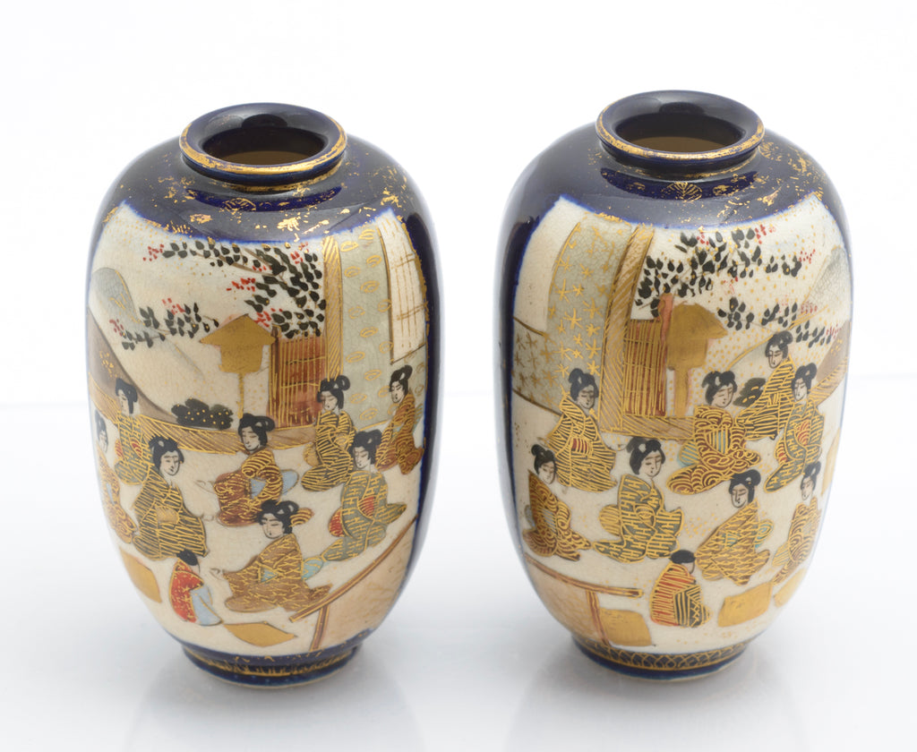 Pair Antique Japanese Satsuma Ware Pottery Mini Vases By Hododa (3359)