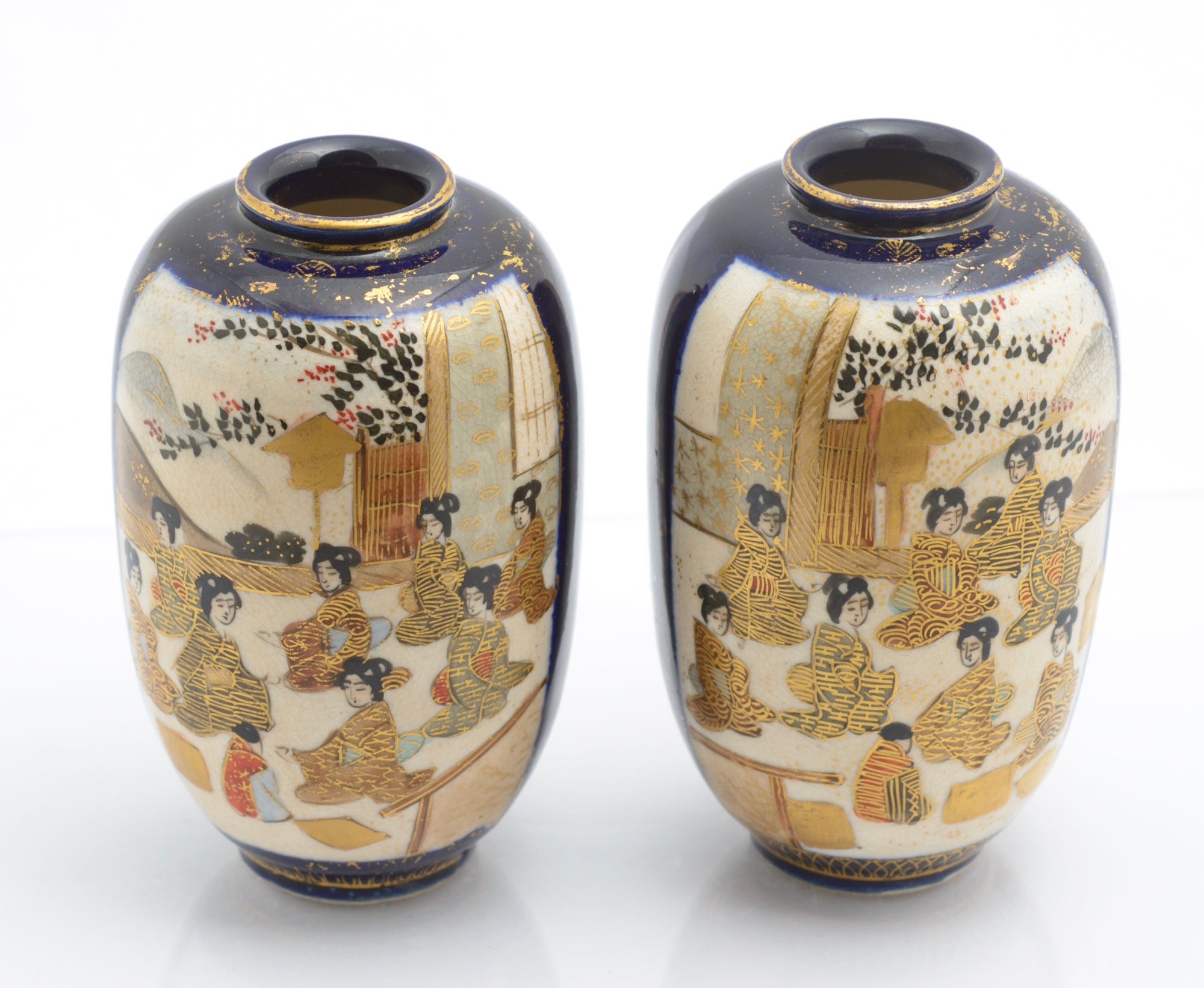 Pair Antique Japanese Satsuma Ware Pottery Mini Vases By Hododa (3359)