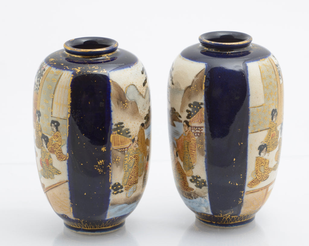 Pair Antique Japanese Satsuma Ware Pottery Mini Vases By Hododa (3359)