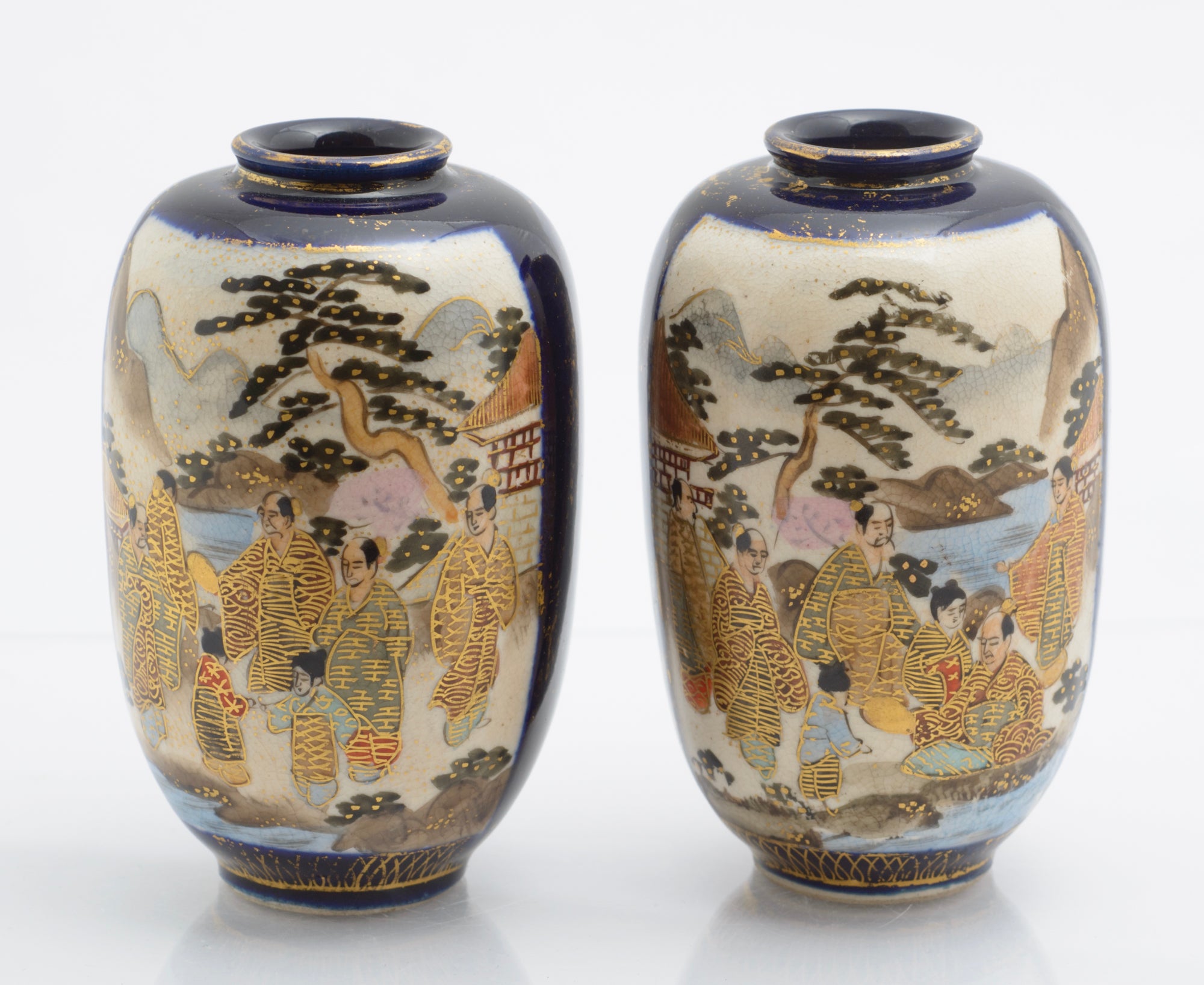 Pair Antique Japanese Satsuma Ware Pottery Mini Vases By Hododa (3359)