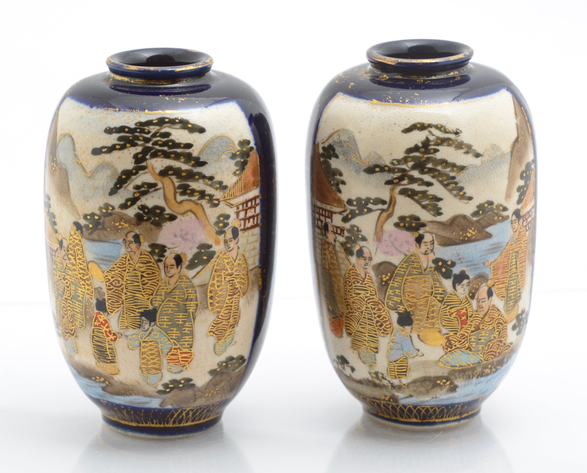 Pair Antique Japanese Satsuma Ware Pottery Mini Vases By Hododa (3359)