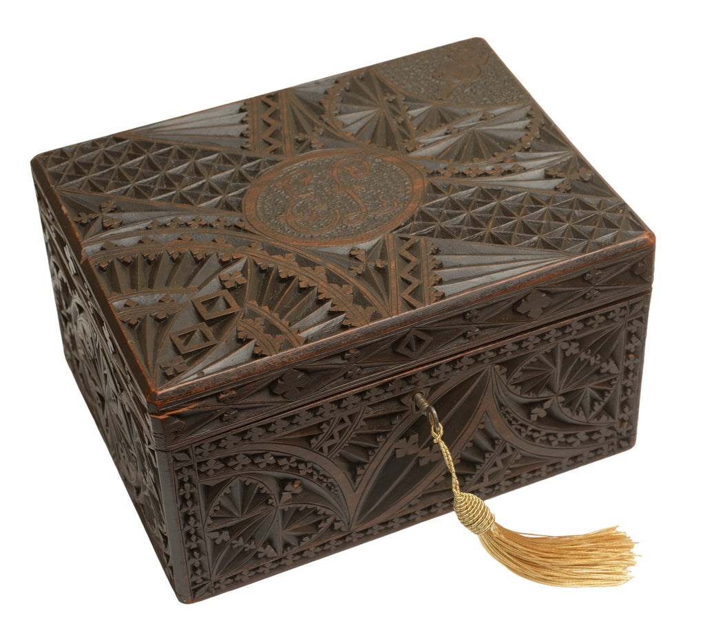 Antique Carved Wood Box Welsh Design + Lincolnshire Imp (3363)