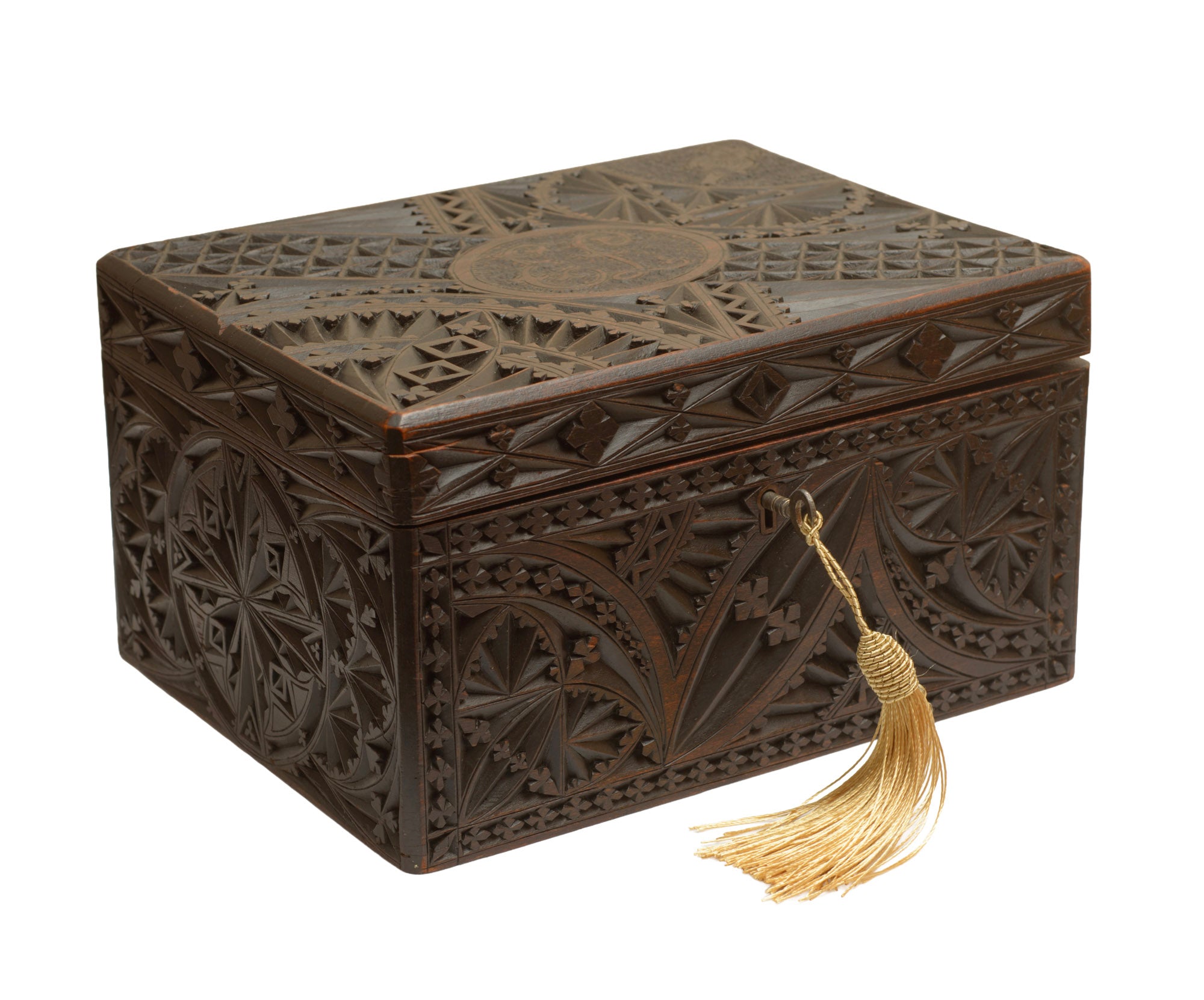 Antique Carved Wood Box Welsh Design + Lincolnshire Imp (3363)