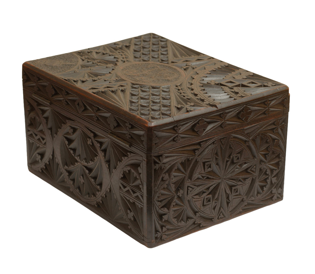 Antique Carved Wood Box Welsh Design + Lincolnshire Imp (3363)
