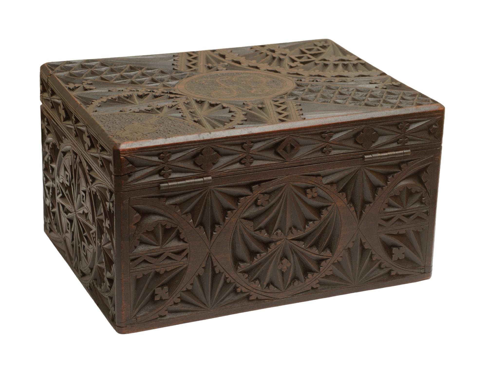 Antique Carved Wood Box Welsh Design + Lincolnshire Imp (3363)