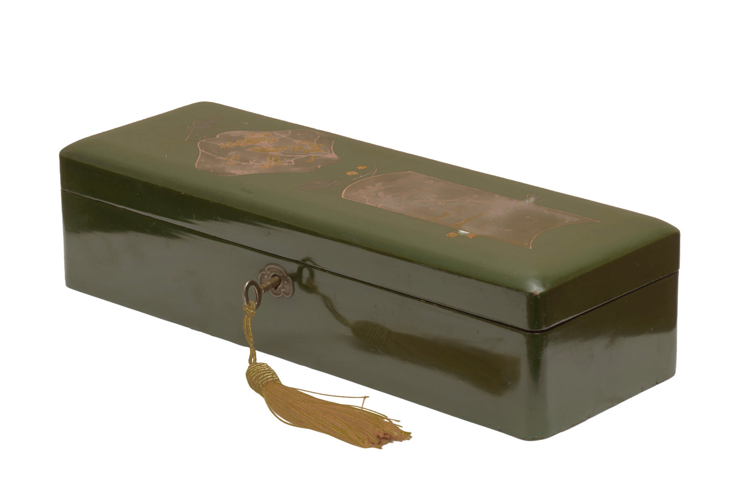 Antique Japanese Green Lacquer Box With Lock Gilt Panels c.1910 (3365)