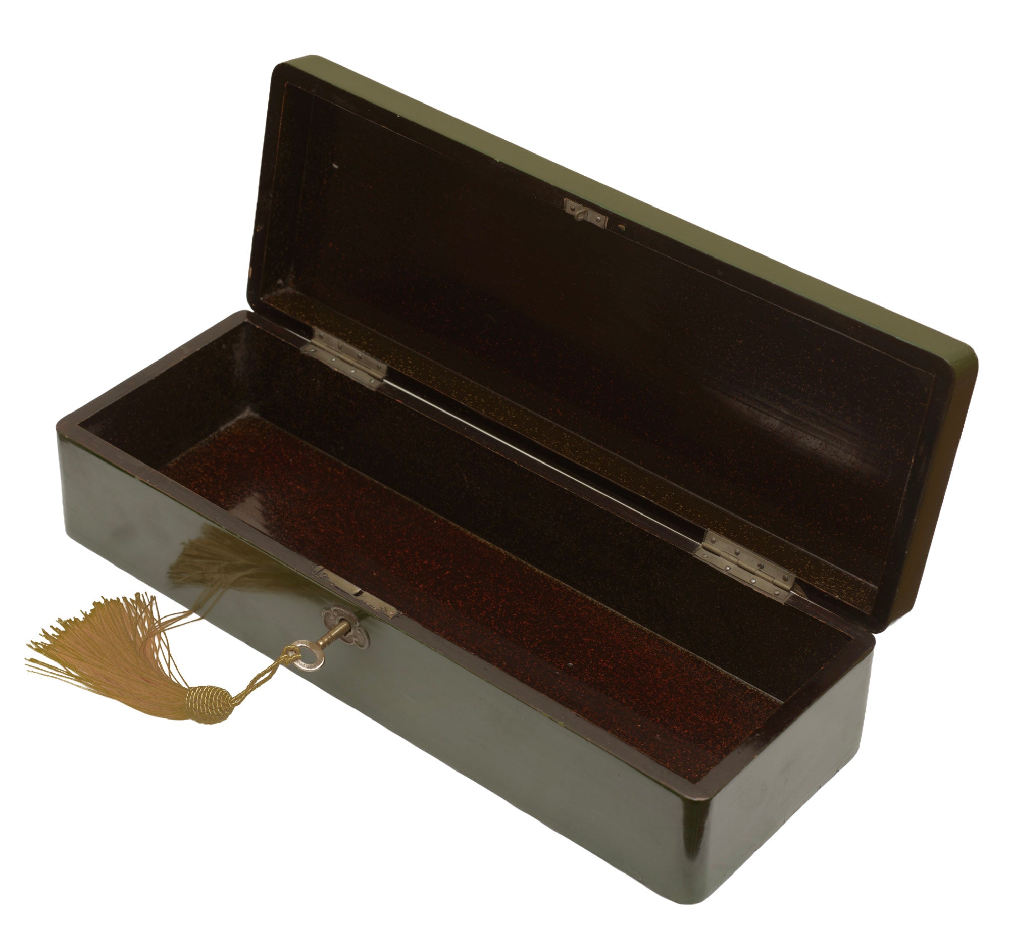 Antique Japanese Green Lacquer Box With Lock Gilt Panels c.1910 (3365)