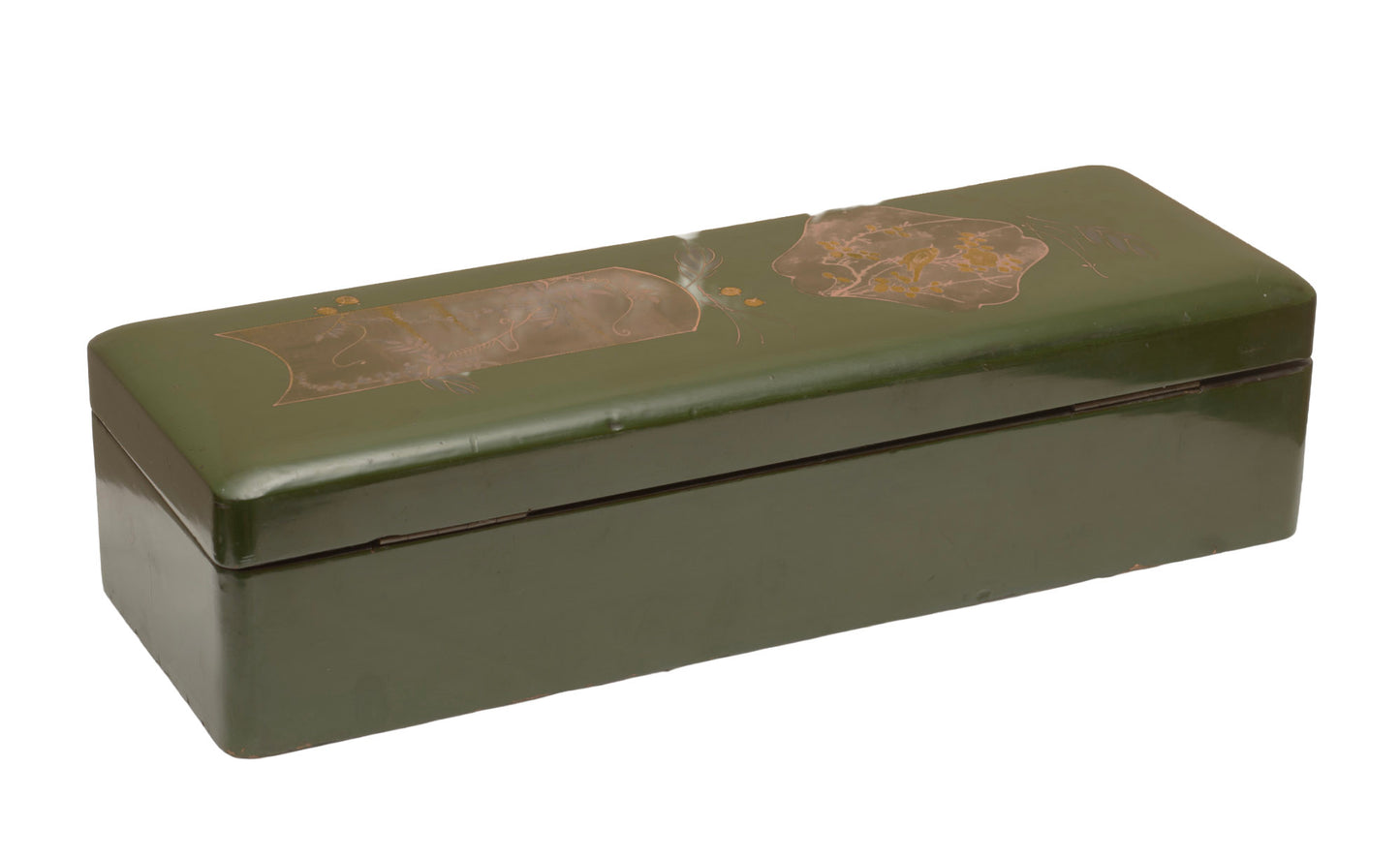 Antique Japanese Green Lacquer Box With Lock Gilt Panels c.1910 (3365)