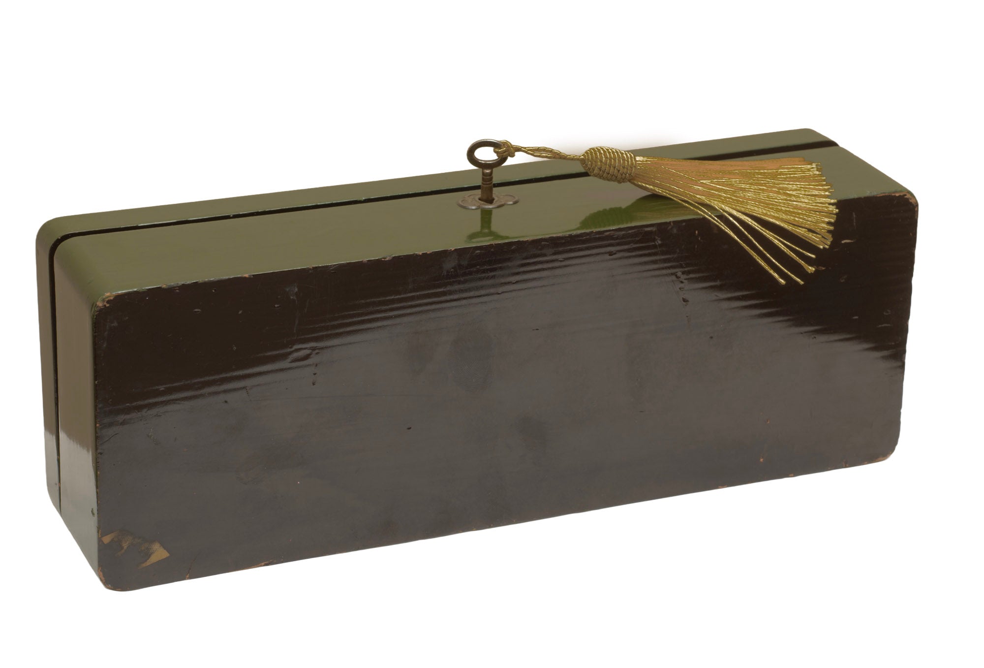 Antique Japanese Green Lacquer Box With Lock Gilt Panels c.1910 (3365)