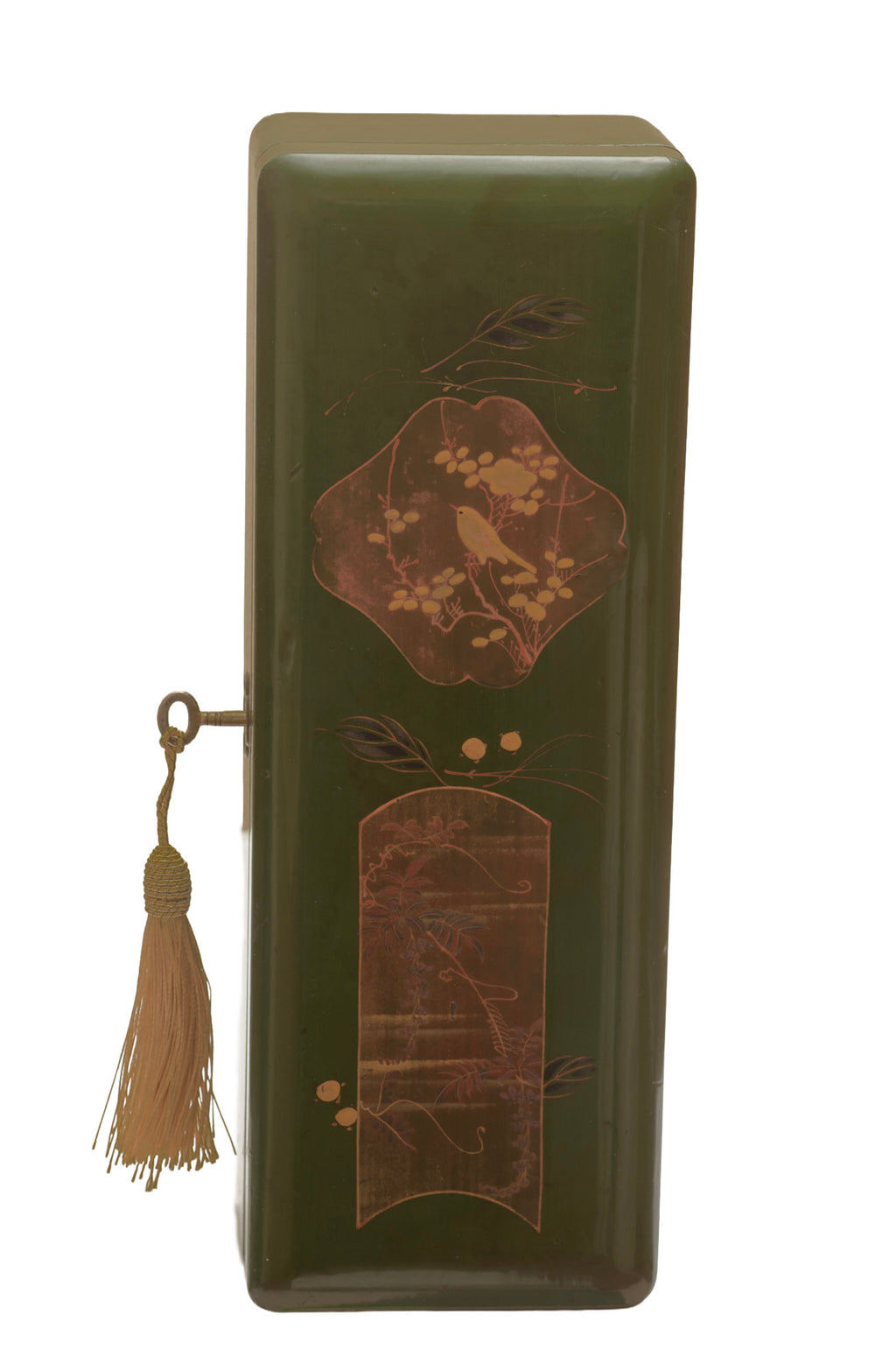 Antique Japanese Green Lacquer Box With Lock Gilt Panels c.1910 (3365)