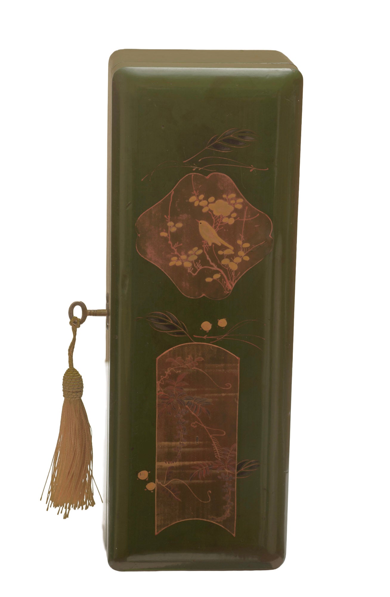 Antique Japanese Green Lacquer Box With Lock Gilt Panels c.1910 (3365)