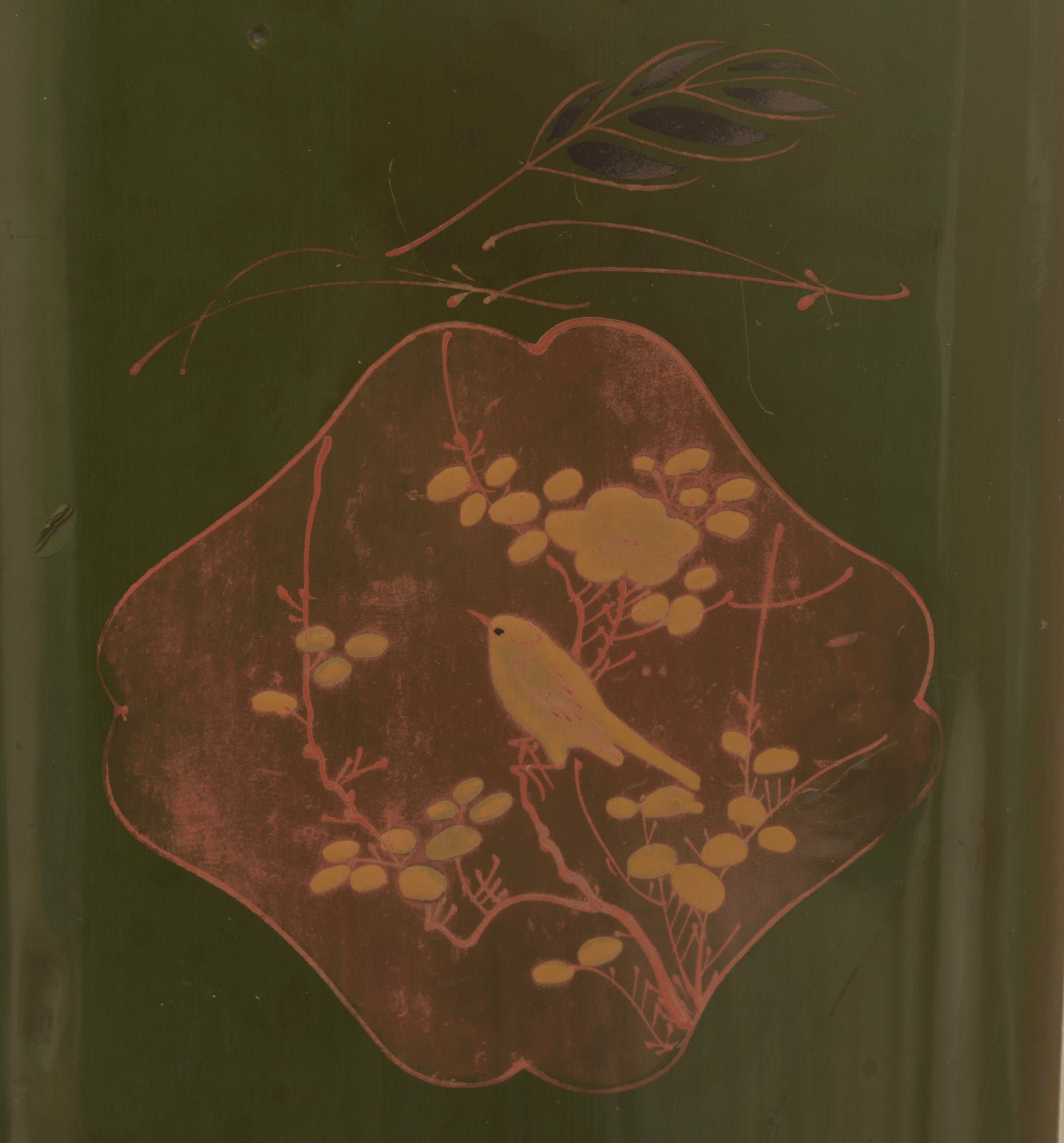 Antique Japanese Green Lacquer Box With Lock Gilt Panels c.1910 (3365)