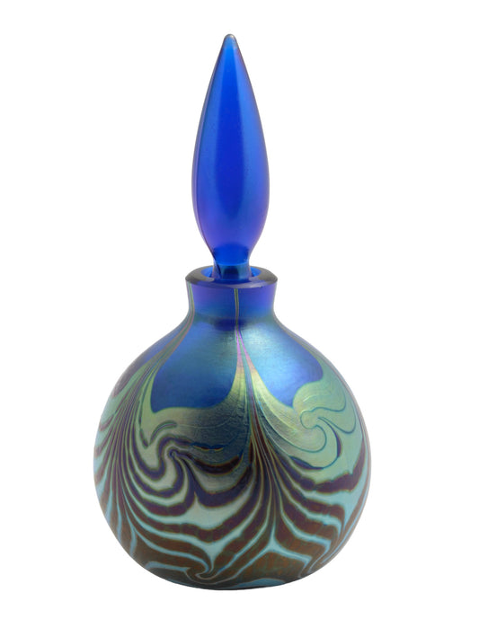 Vintage Ocra Art Glass Perfume / Scent Bottle Cobalt Blue & Iridescent Pattern (3366)