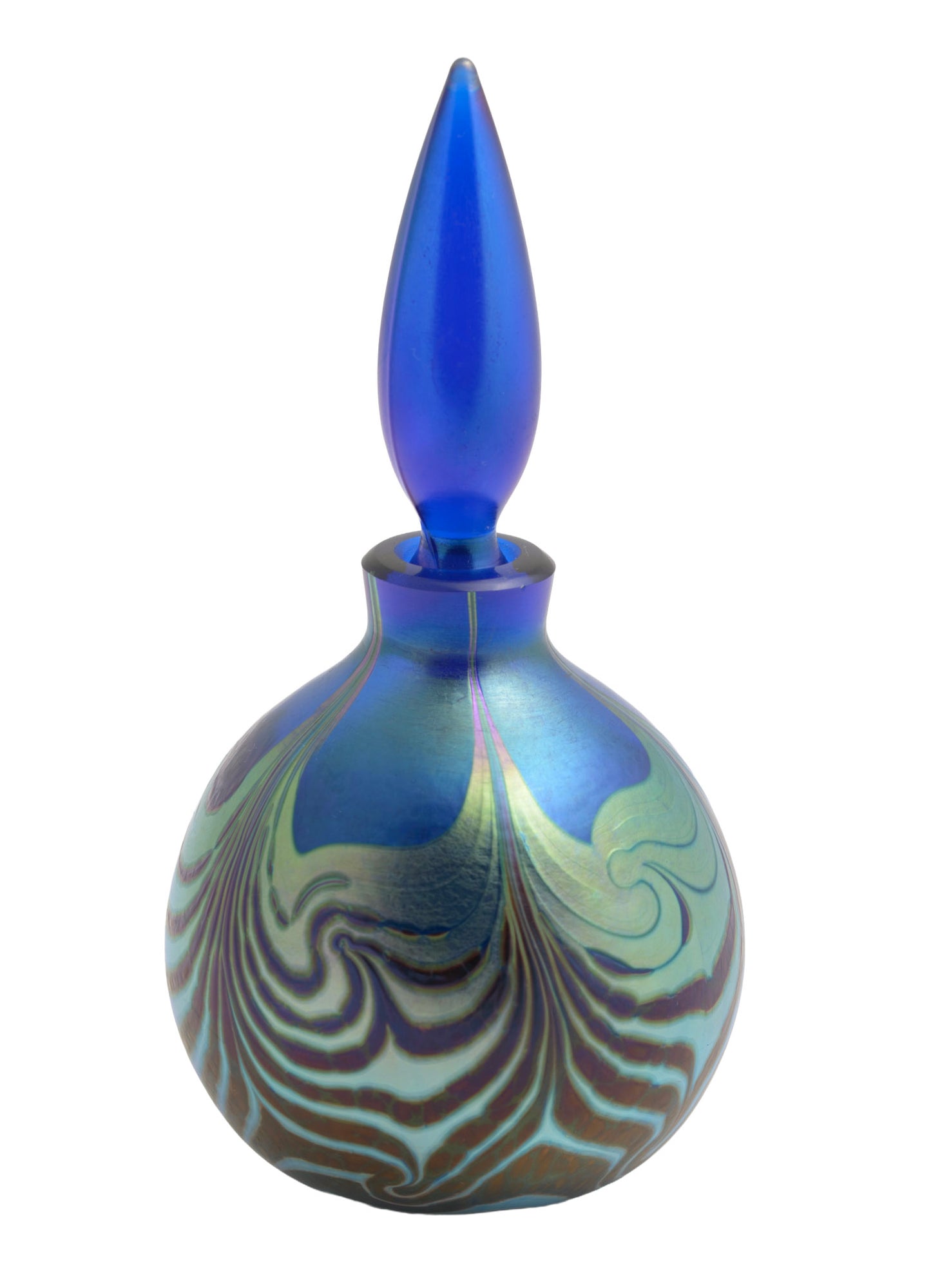 Vintage Ocra Art Glass Perfume / Scent Bottle Cobalt Blue & Iridescent Pattern (3366)