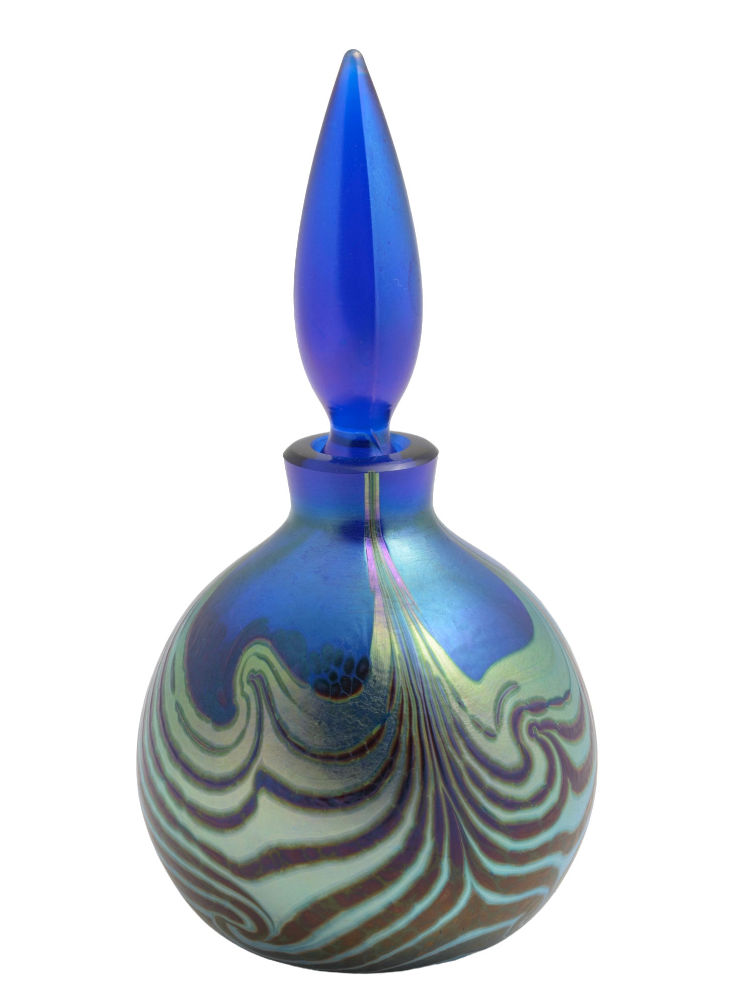 Vintage Ocra Art Glass Perfume / Scent Bottle Cobalt Blue & Iridescent Pattern (3366)