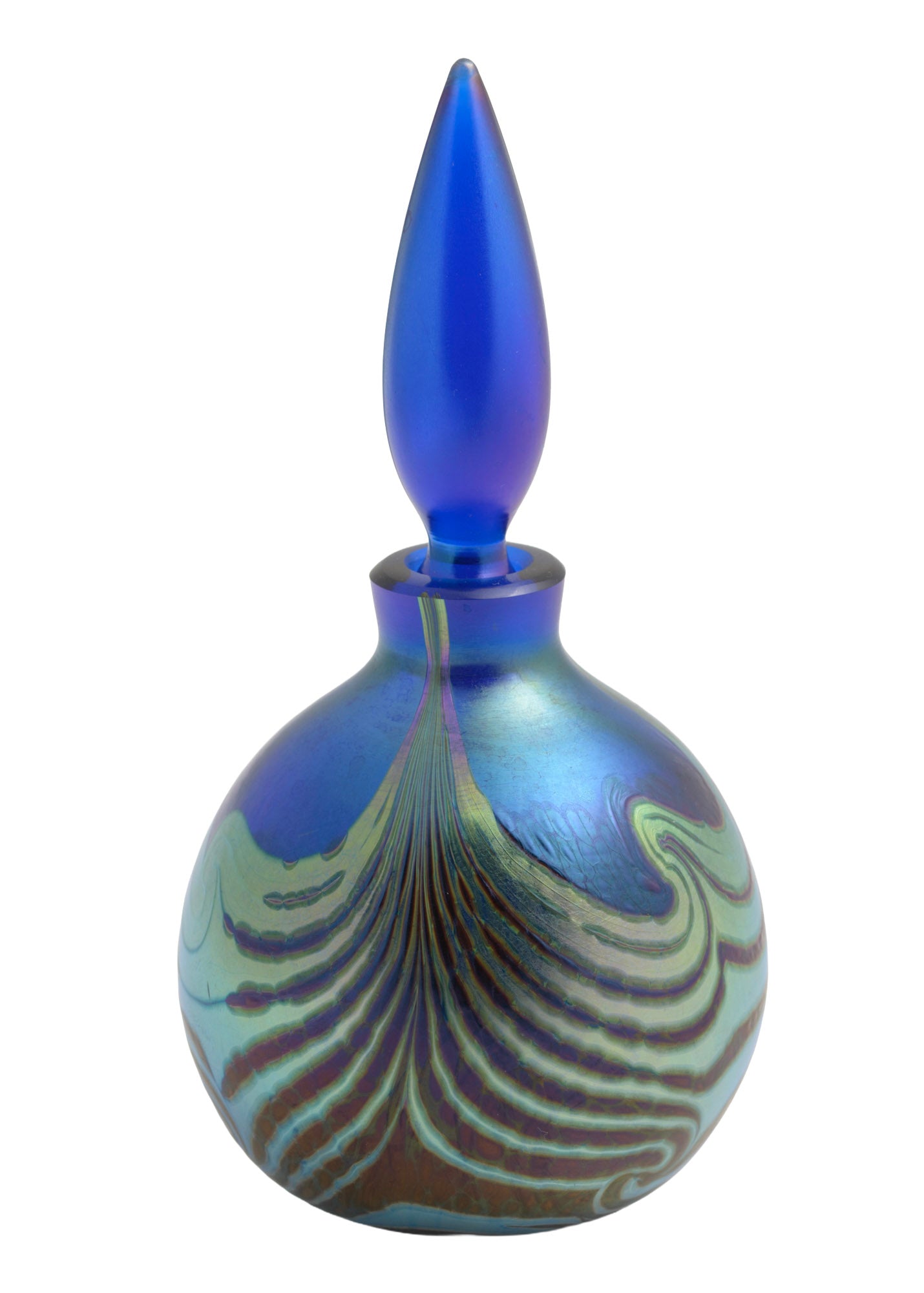 Vintage Ocra Art Glass Perfume / Scent Bottle Cobalt Blue & Iridescent Pattern (3366)