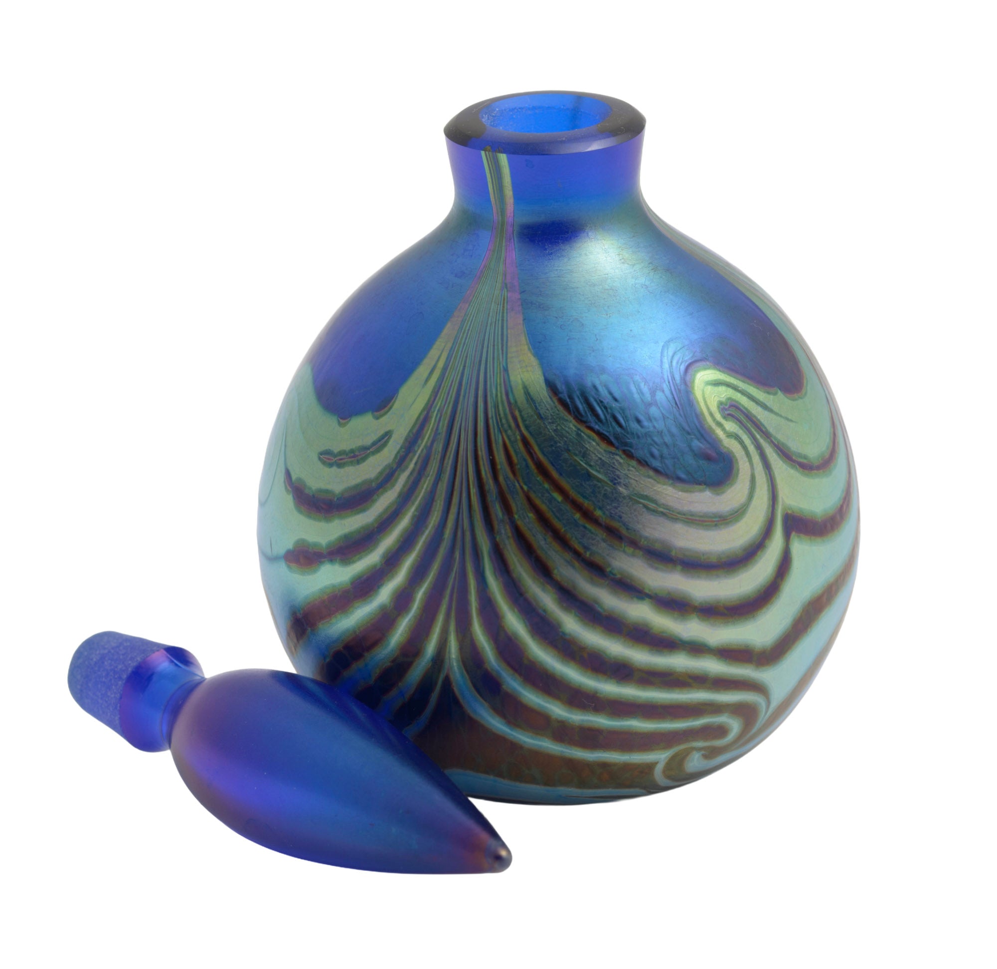 Vintage Ocra Art Glass Perfume / Scent Bottle Cobalt Blue & Iridescent Pattern (3366)