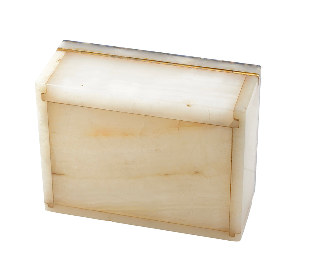 Art Deco white onyx desk box - detail of natural banding and veining in translucent onyx panels, c.1930
