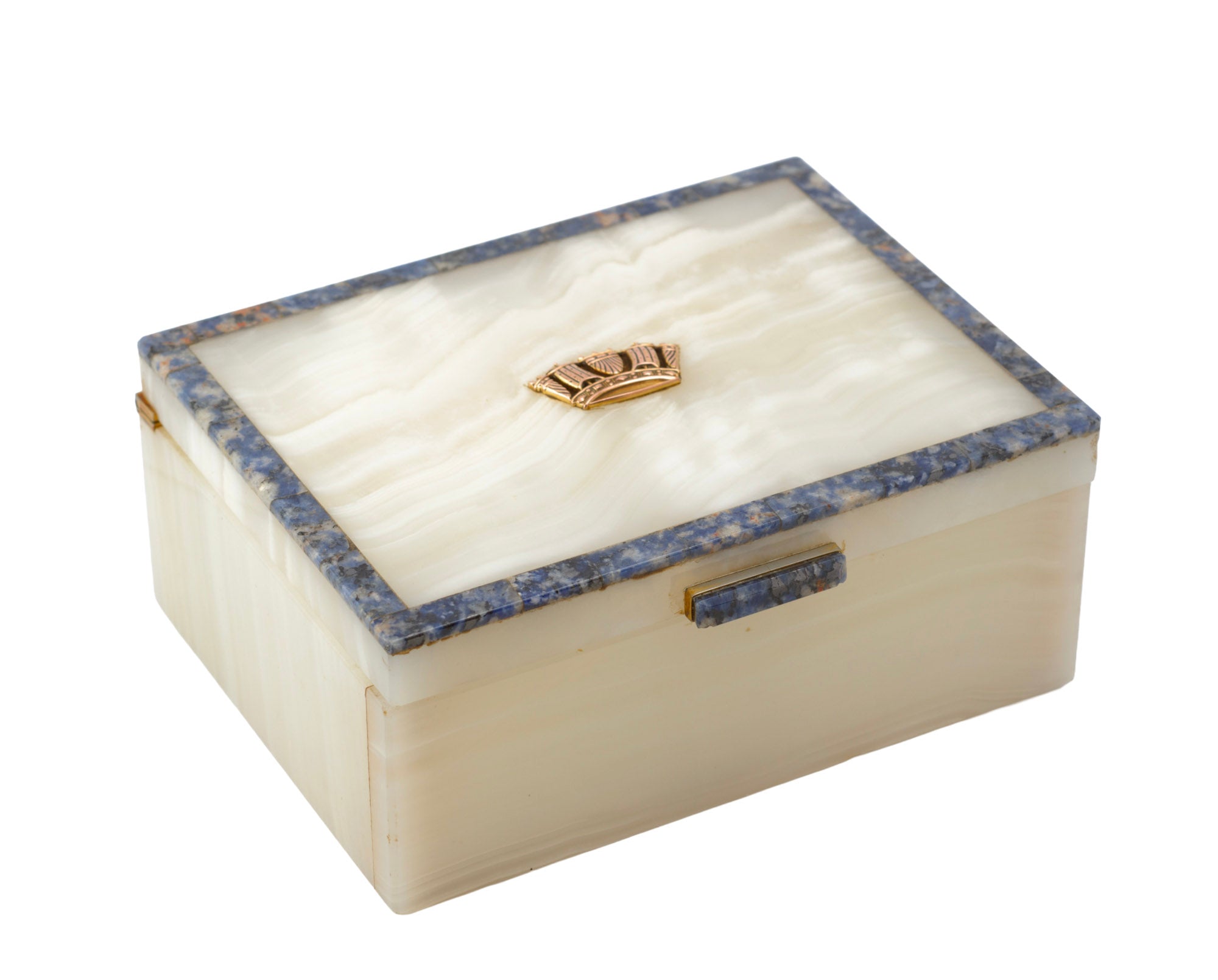 Art Deco white onyx desk box - close-up of lapis lazuli border and gilt metal knop to front, c.1930