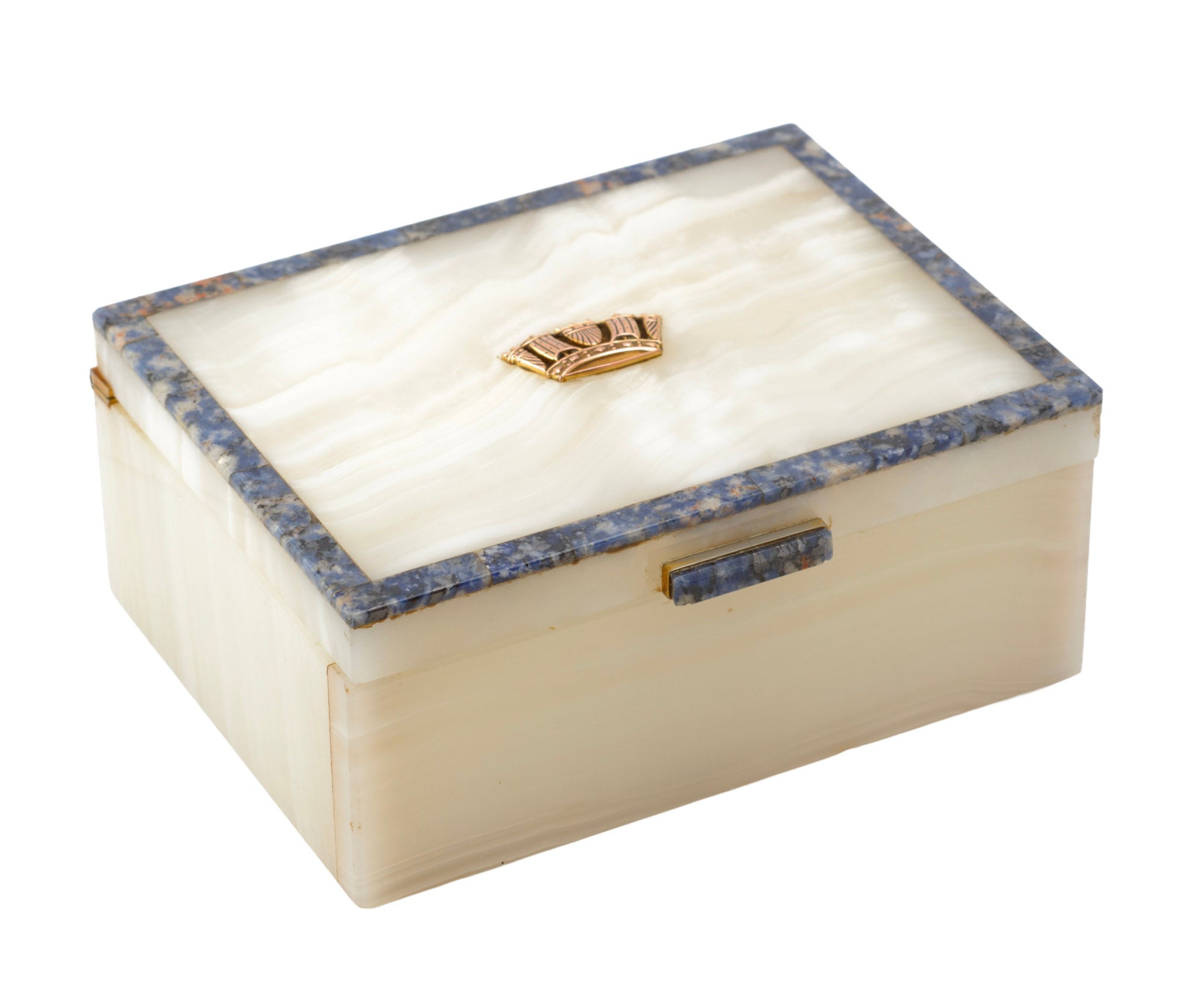 Art Deco white onyx desk box - lid detail showing applied 9ct gold Merchant Navy crown on translucent onyx panel, c.1930