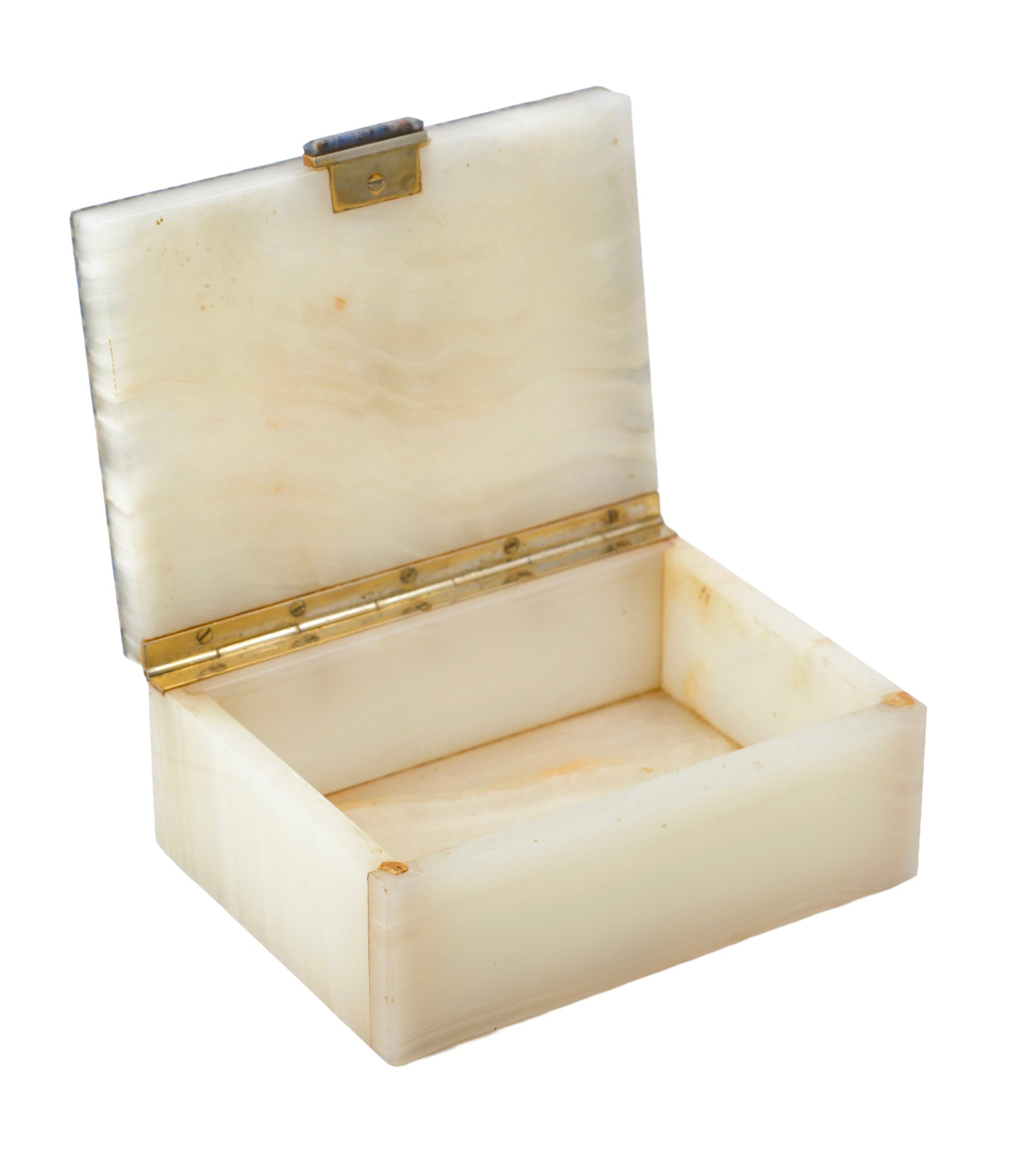 Art Deco white onyx and lapis lazuli desk box - three-quarter view closed showing full form, c.1930