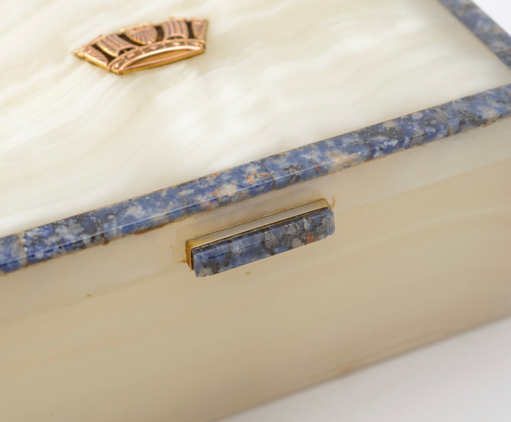 Art Deco white onyx desk box - open view showing polished unlined onyx interior, c.1930