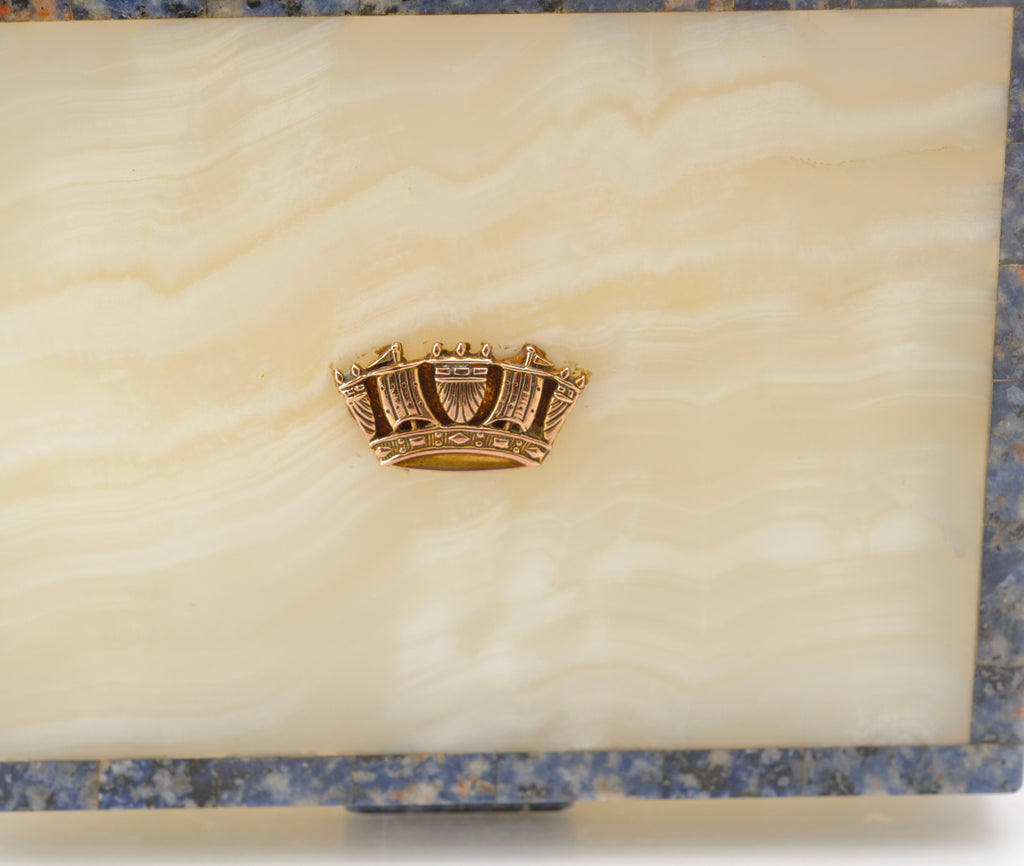 Art Deco white onyx desk box - rear view showing gilt metal piano hinge stamped H.G. & S. Made in England, c.1930