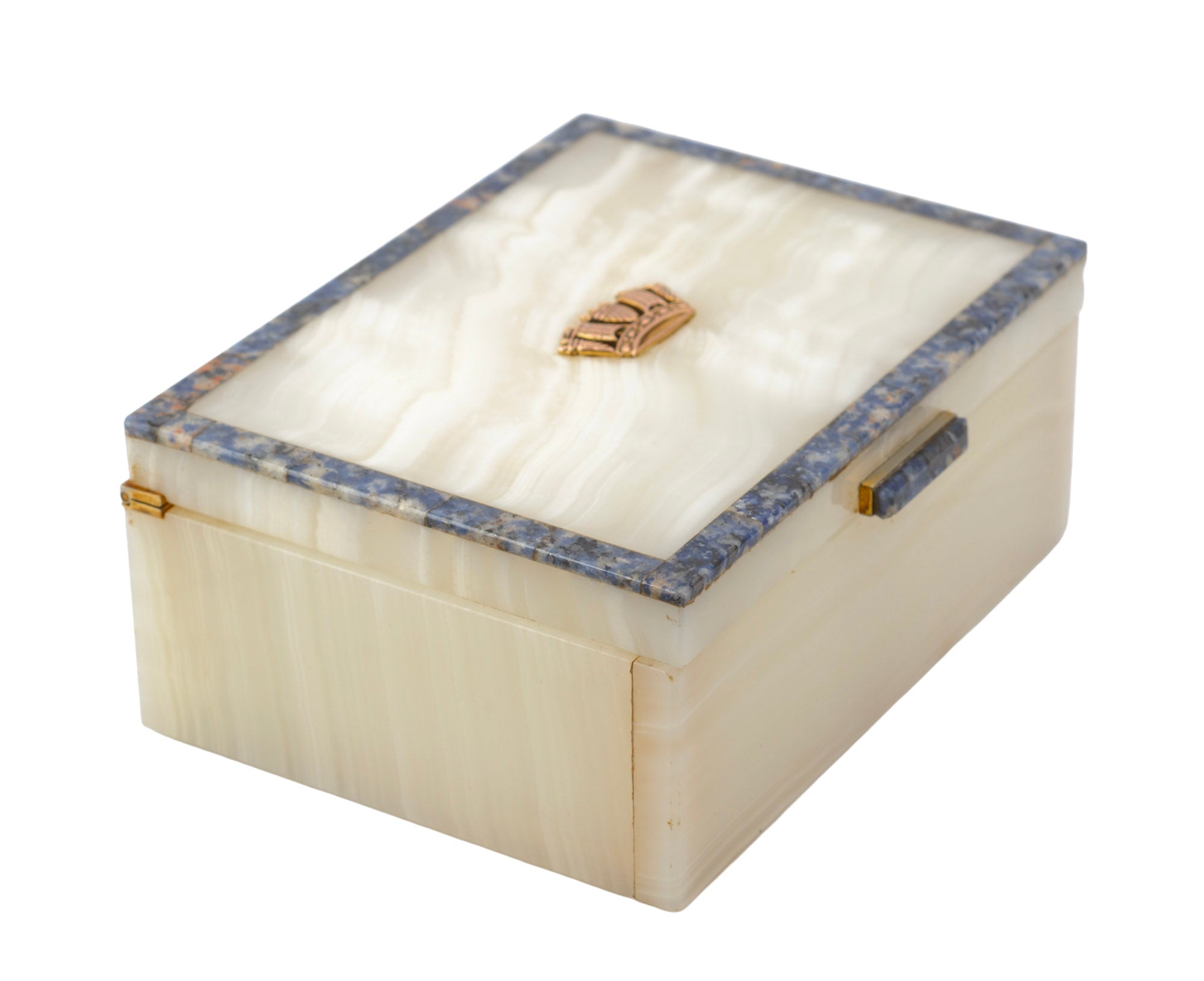 Art Deco white onyx desk box - side view showing depth and lapis lazuli border detail, c.1930